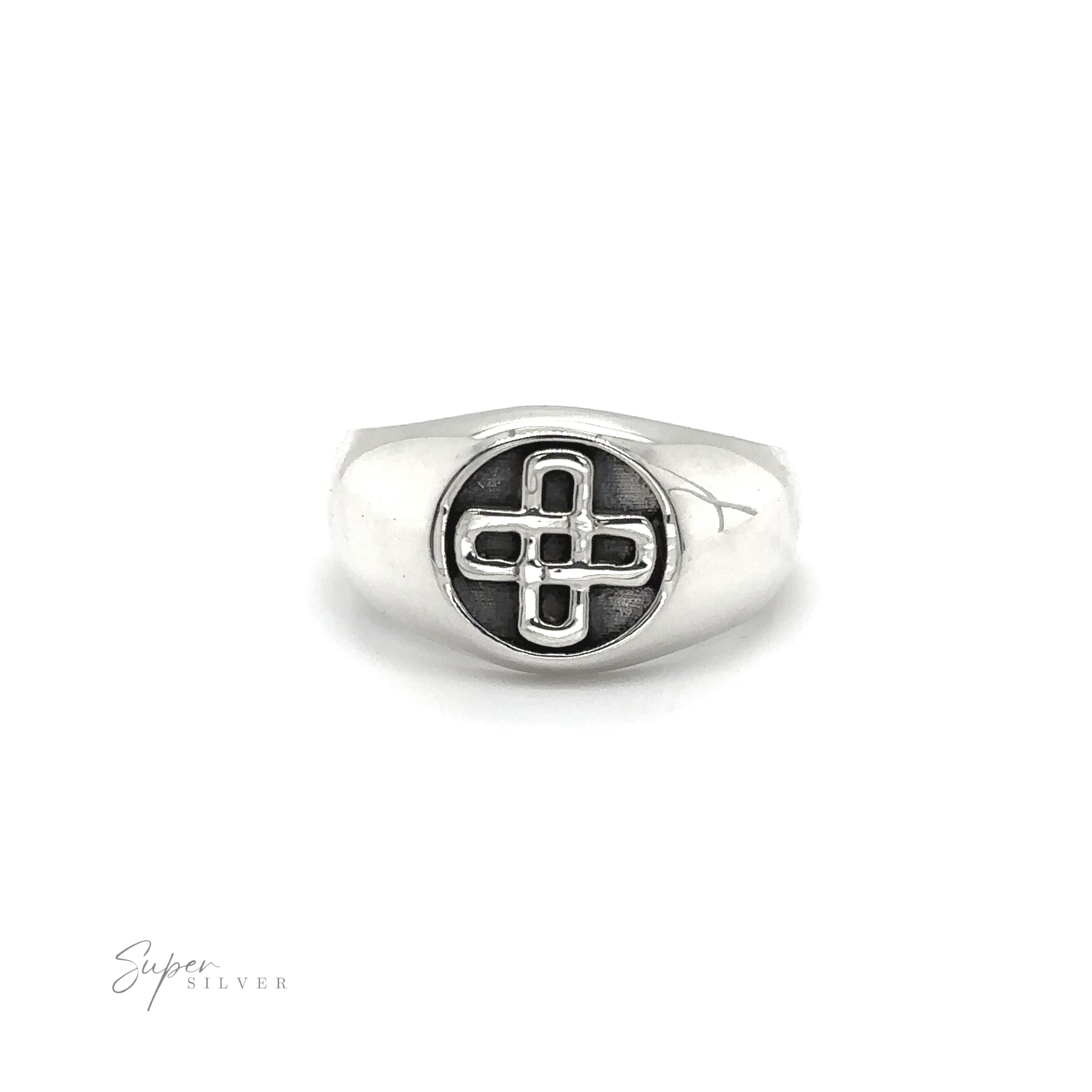 A bold and striking Celtic Solomon's Knot Signet Ring with a cross on it.