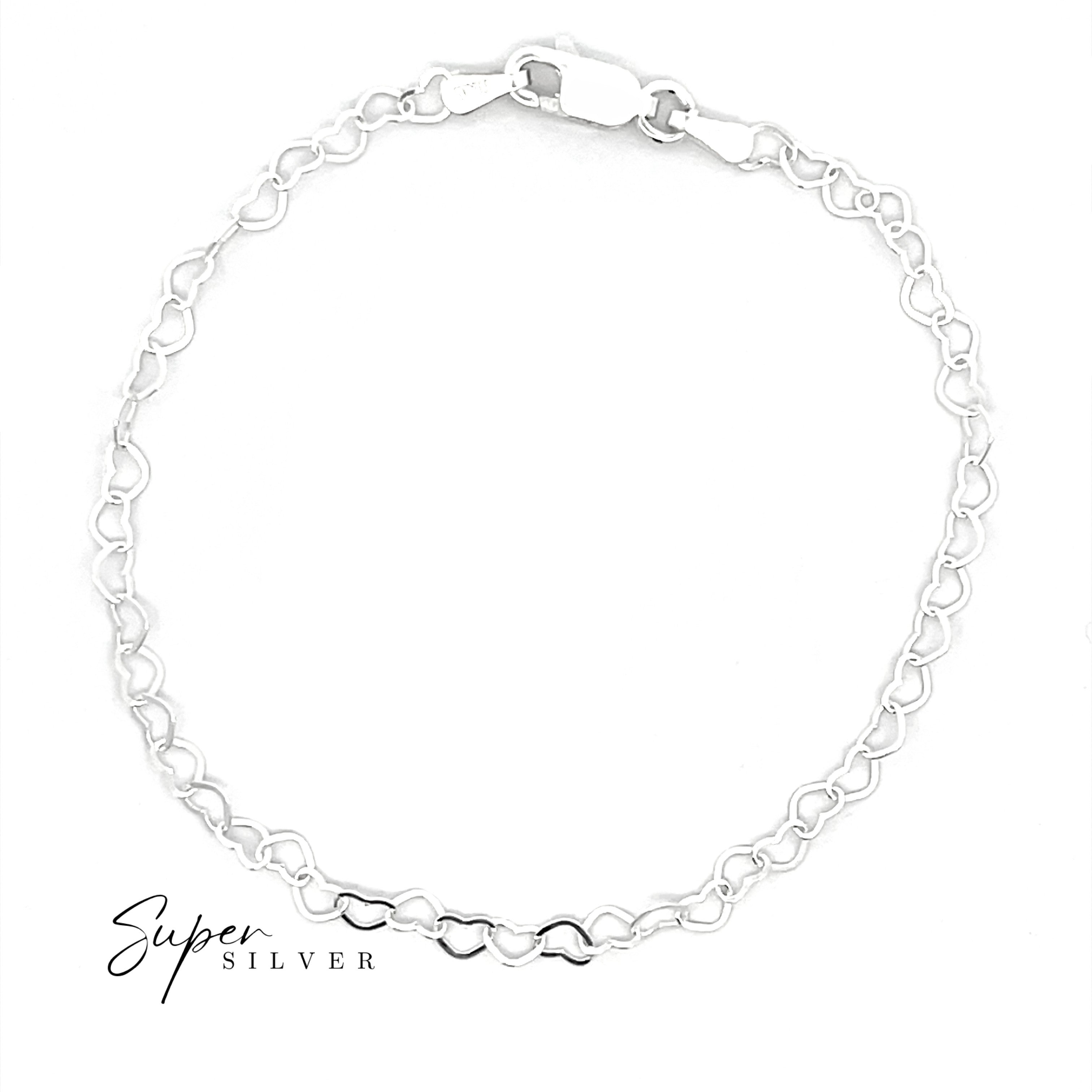 An elegant Italian Heart Link Chain bracelet in sterling silver, featuring delicate heart-shaped links and a lobster clasp, shown on a white background with "Super Silver" in the corner.