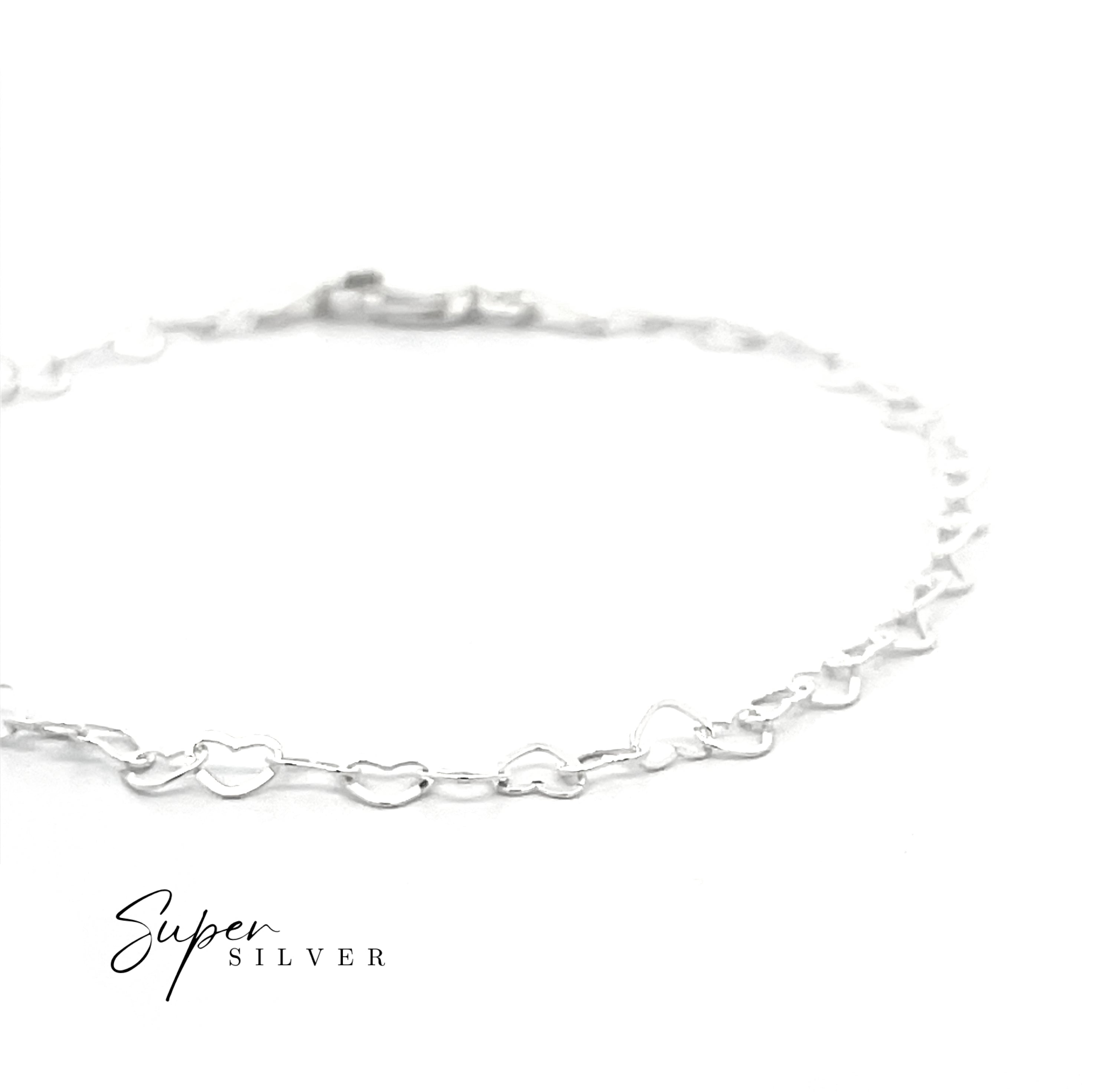 The Italian Heart Link Chain is a delicate sterling silver necklace with small heart-shaped links, shown on a white background with "Super Silver" in the bottom left corner.