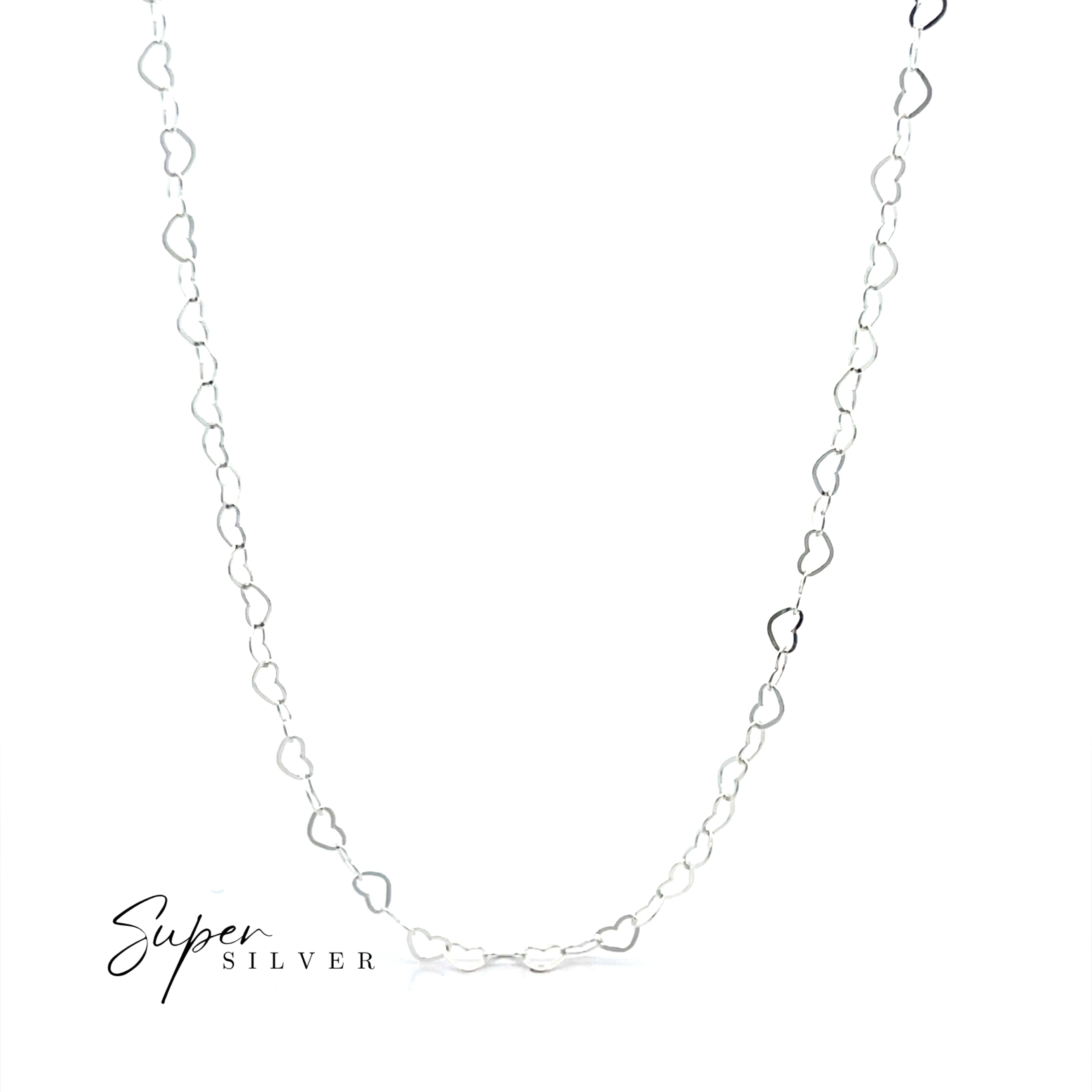 The Italian Heart Link Chain is a sterling silver necklace with small, evenly spaced heart-shaped links on a white background. The "Super Silver" logo appears in the lower left corner.