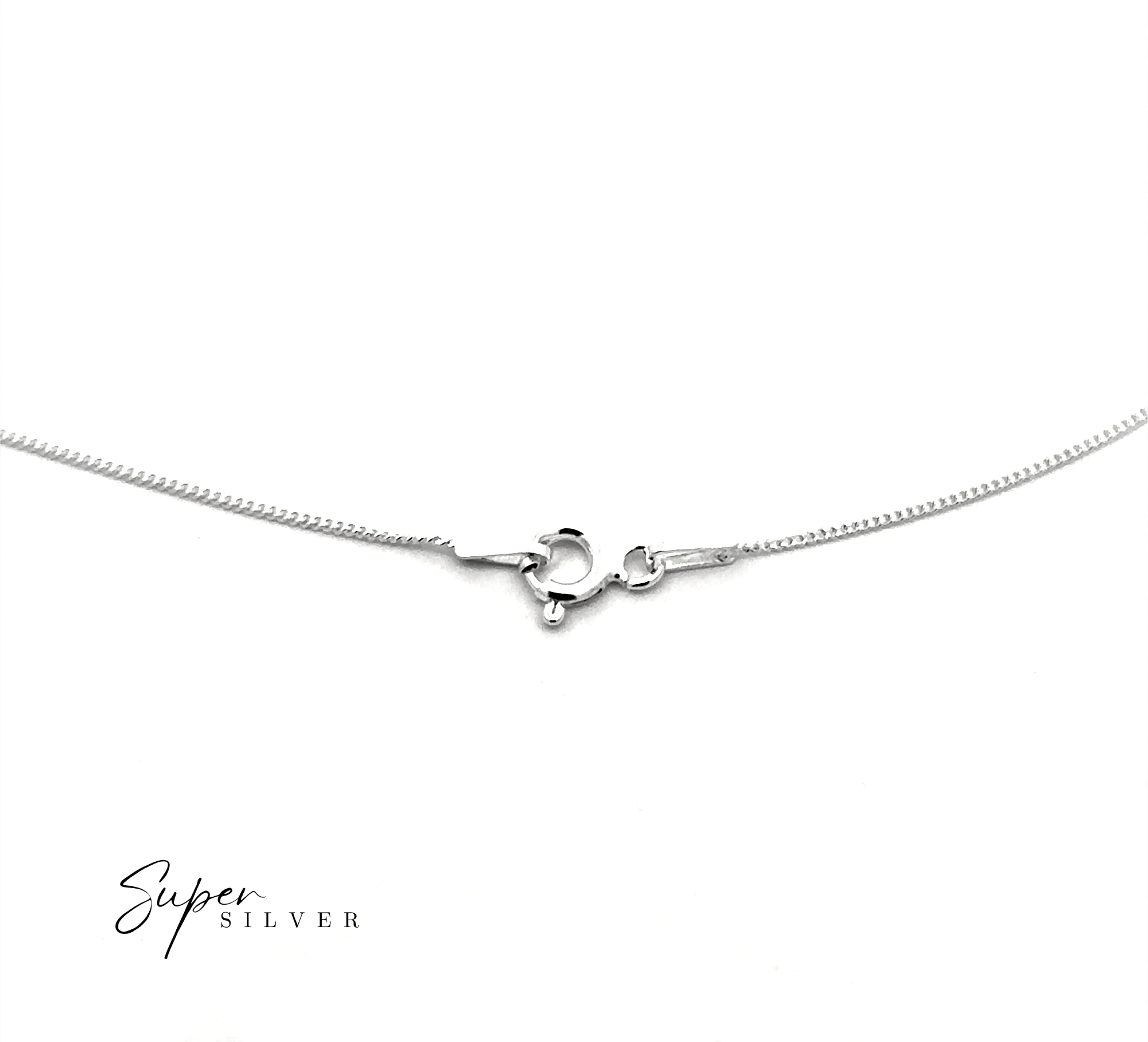 Close-up of a Dainty Italian Curb Chain in sterling silver with a lobster clasp, shown on a white background. The "Super Silver" logo is in the bottom left. Ideal as a layering necklace to complement any style.