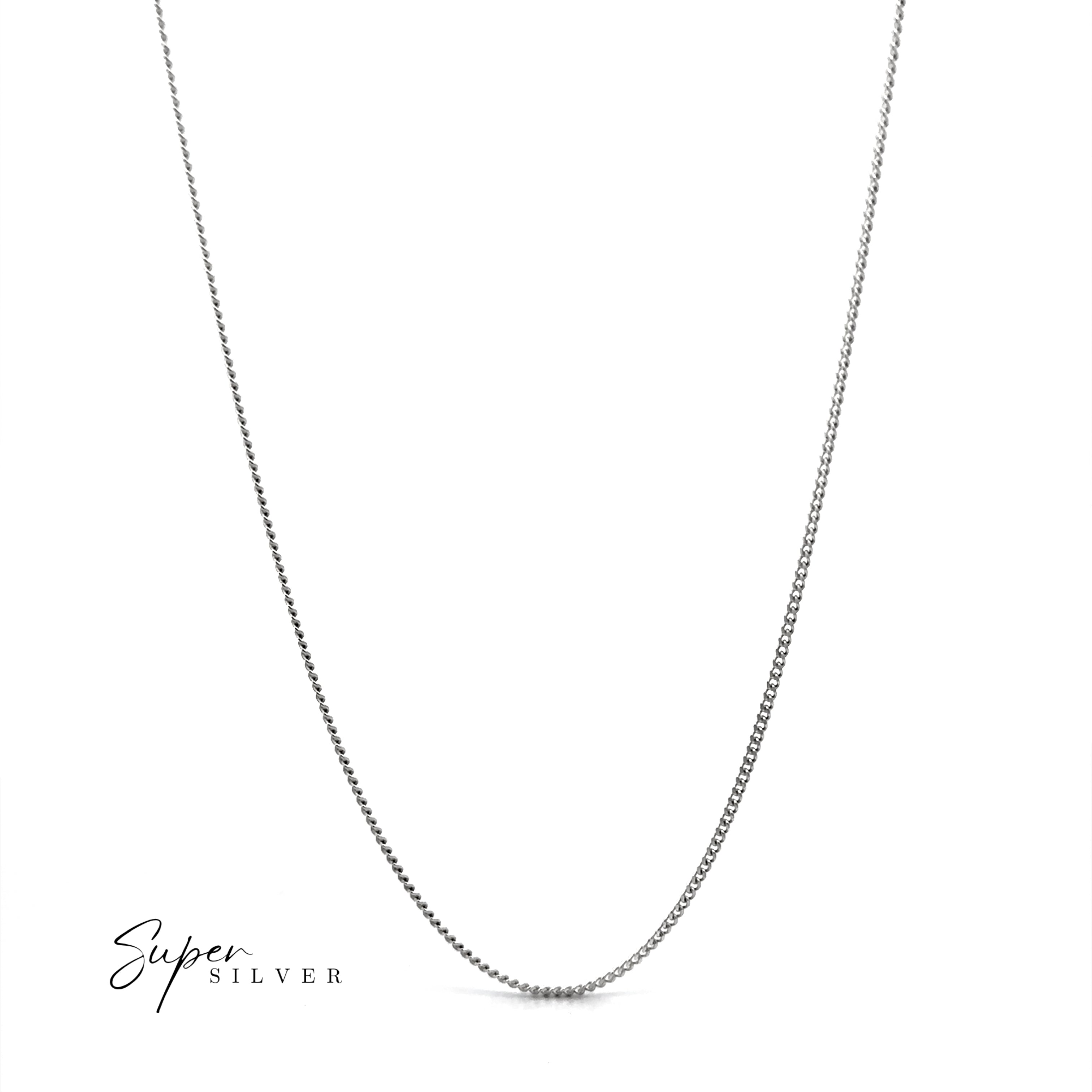 Dainty Italian Curb Chain showcased on a white background with the "Super Silver" logo in the bottom left—an elegant sterling silver necklace, ideal for effortless layering.