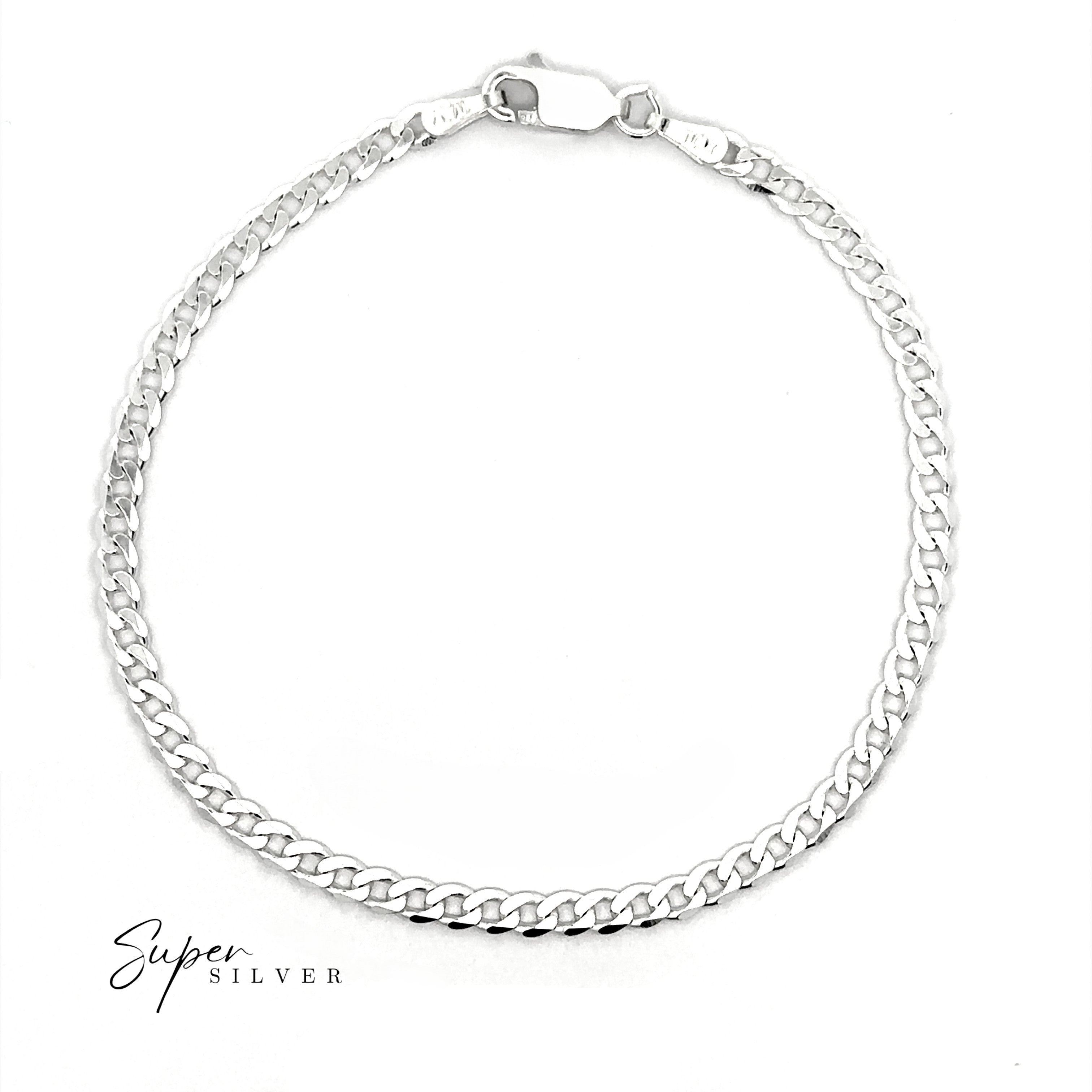 The 3MM Italian Curb Chain, crafted in sterling silver and featuring a lobster clasp, is displayed on a white background with the "Super Silver" logo in the bottom left corner.