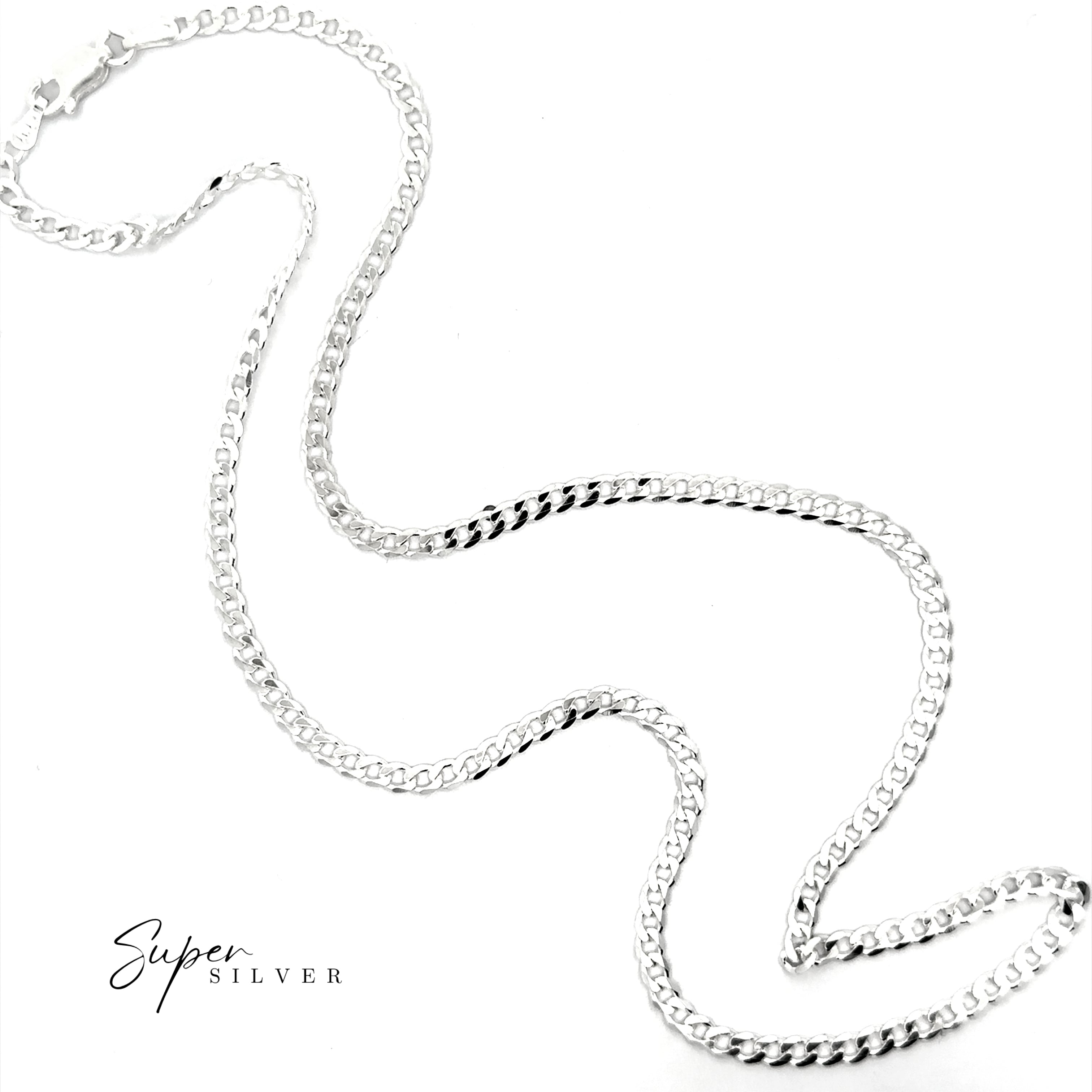 The 3MM Italian Curb Chain, crafted in sterling silver, is shown on a white background with the "Super Silver" logo in the lower left corner.