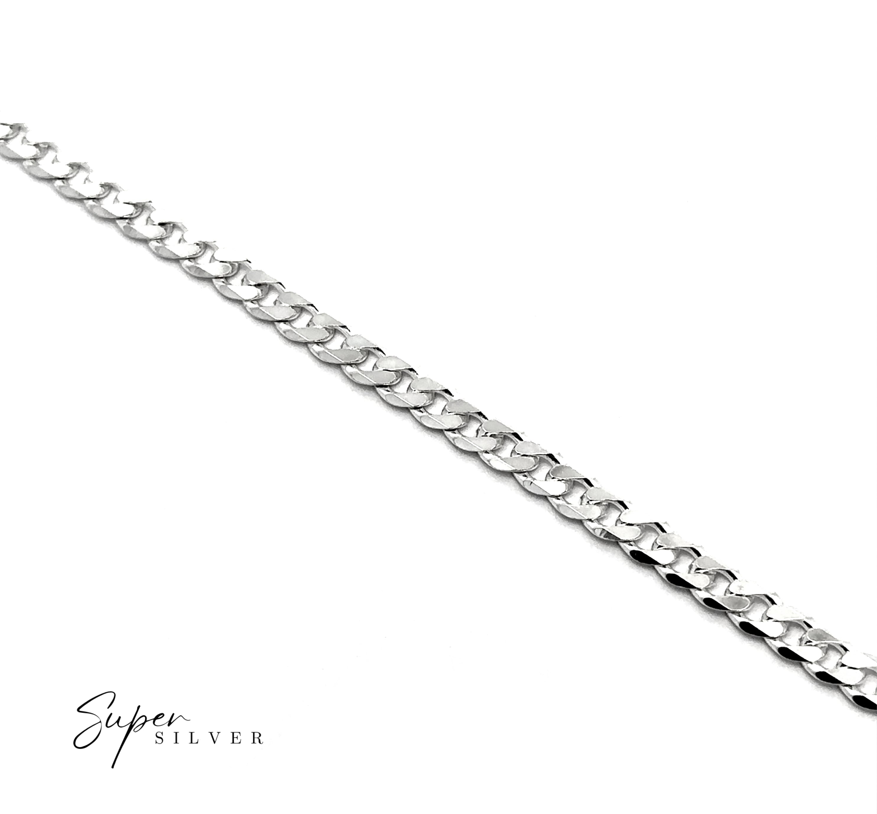 The Signature Italian Curb Chain bracelet, shown diagonally on a white background with the "Super Silver" logo at the lower left, is perfect for pairing with your favorite men's silver necklace or Italian sterling silver chain.