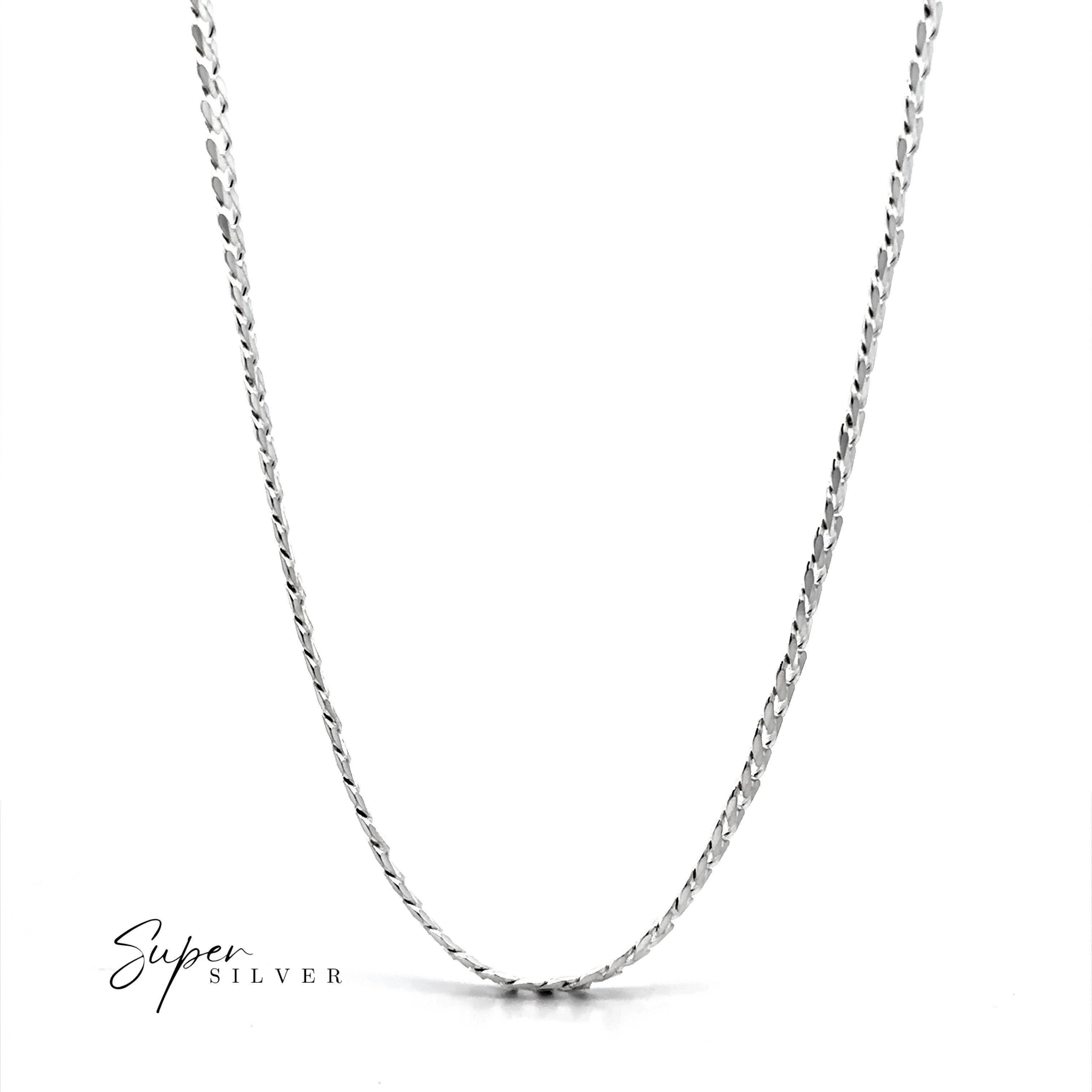 The Signature Italian Curb Chain, a sleek sterling silver necklace, is shown on a white background with "Super Silver" in the lower left corner.