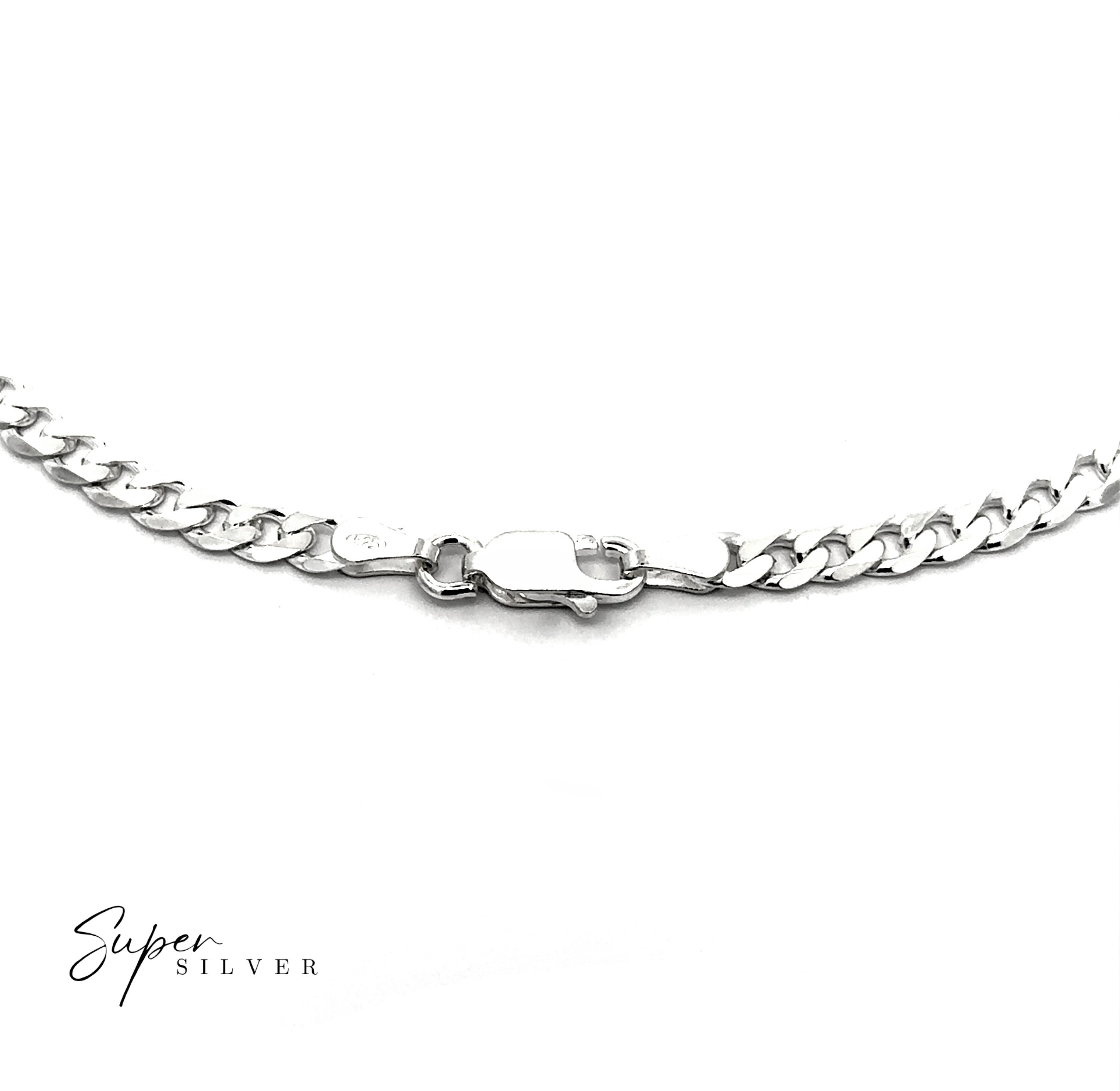 A close-up of The Signature Italian Curb Chain necklace with a clasp, displayed on a white background. The words "Super Silver" appear in the bottom left corner.