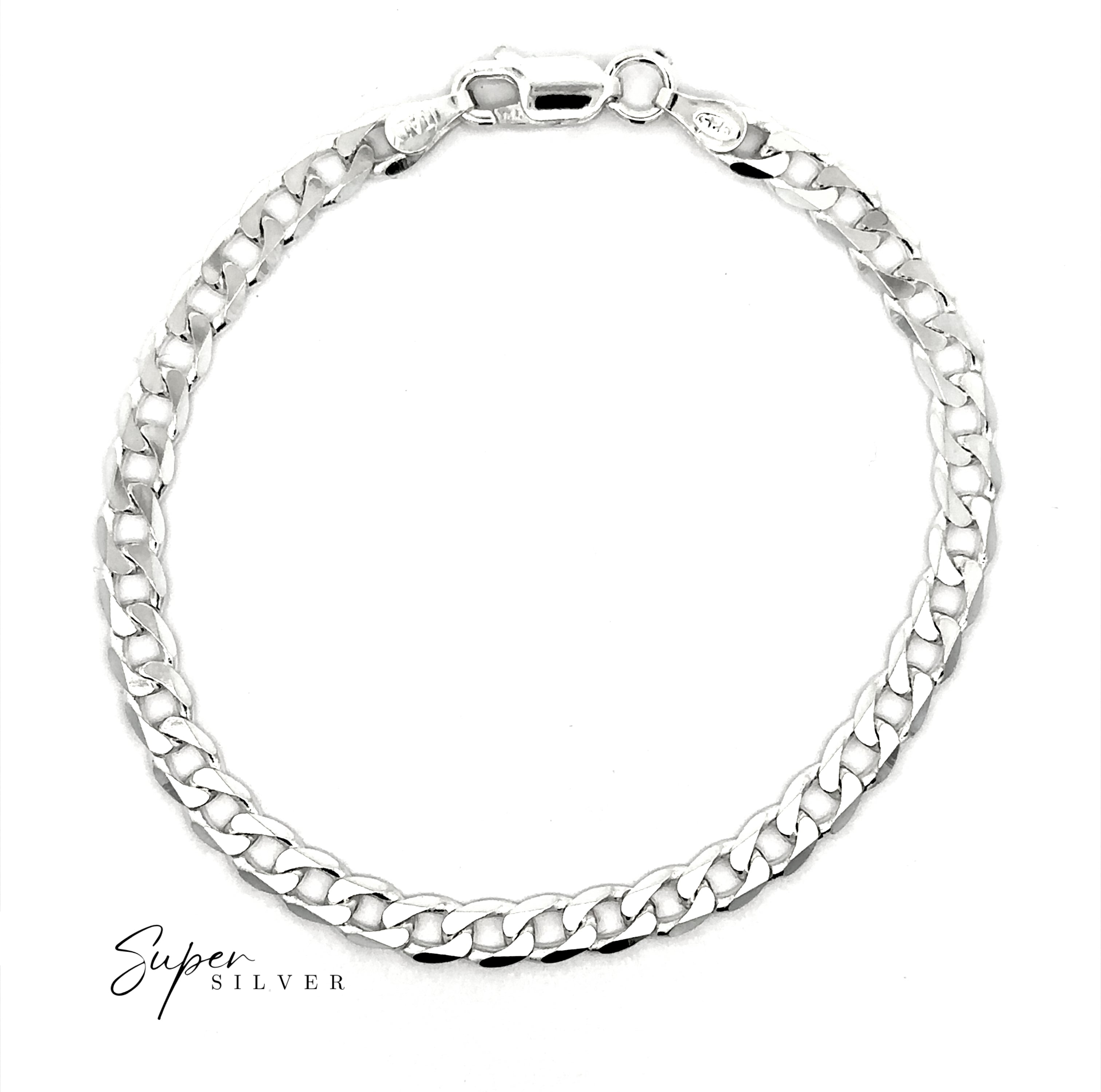 The Signature Italian Curb Chain bracelet, featuring a lobster clasp, is shown in a circular shape on a white background with the "Super Silver" logo in the lower left corner.