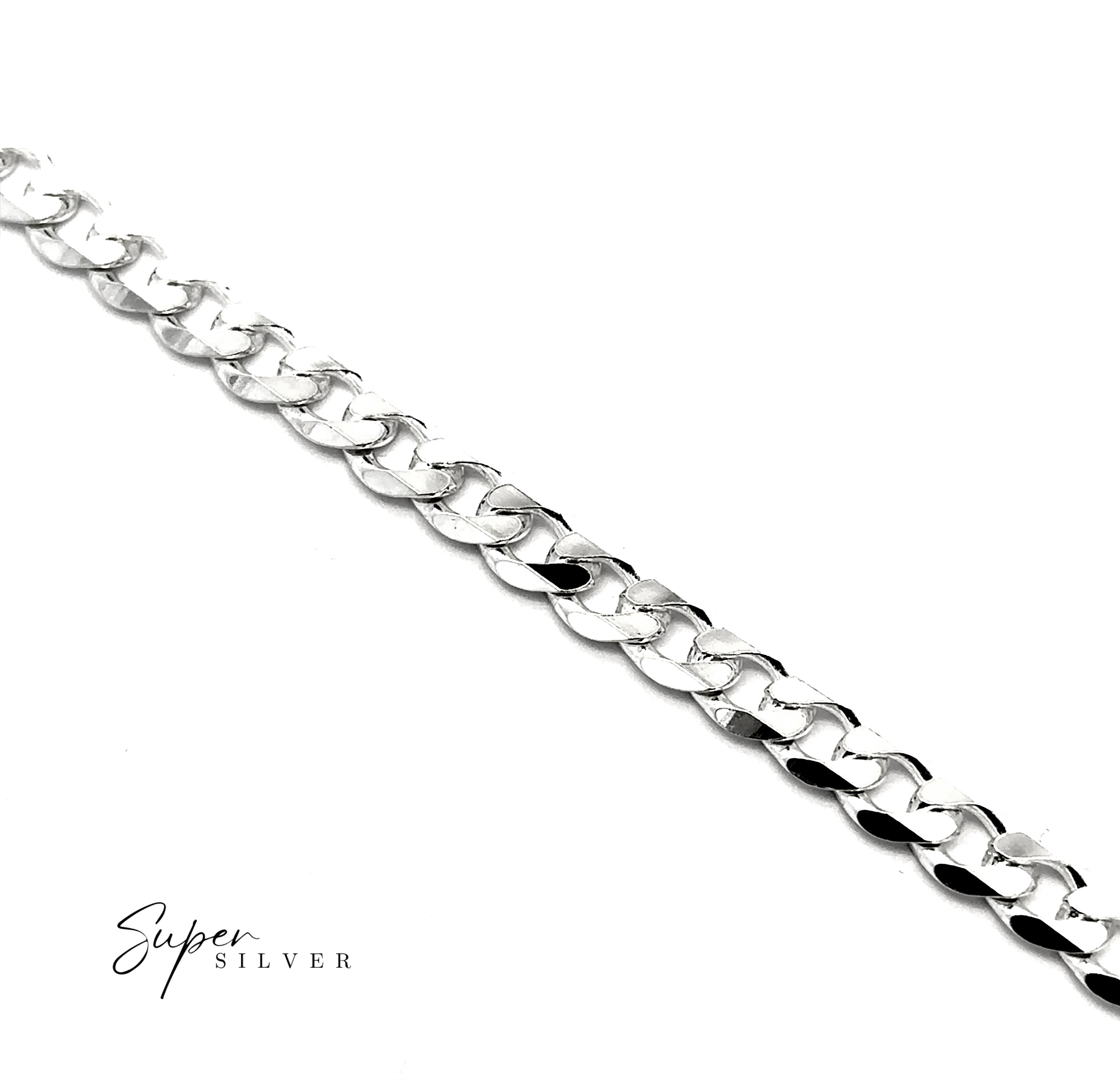 A close-up of The Signature Italian Curb Chain bracelet on a white background, with "Super Silver" in the lower left corner.