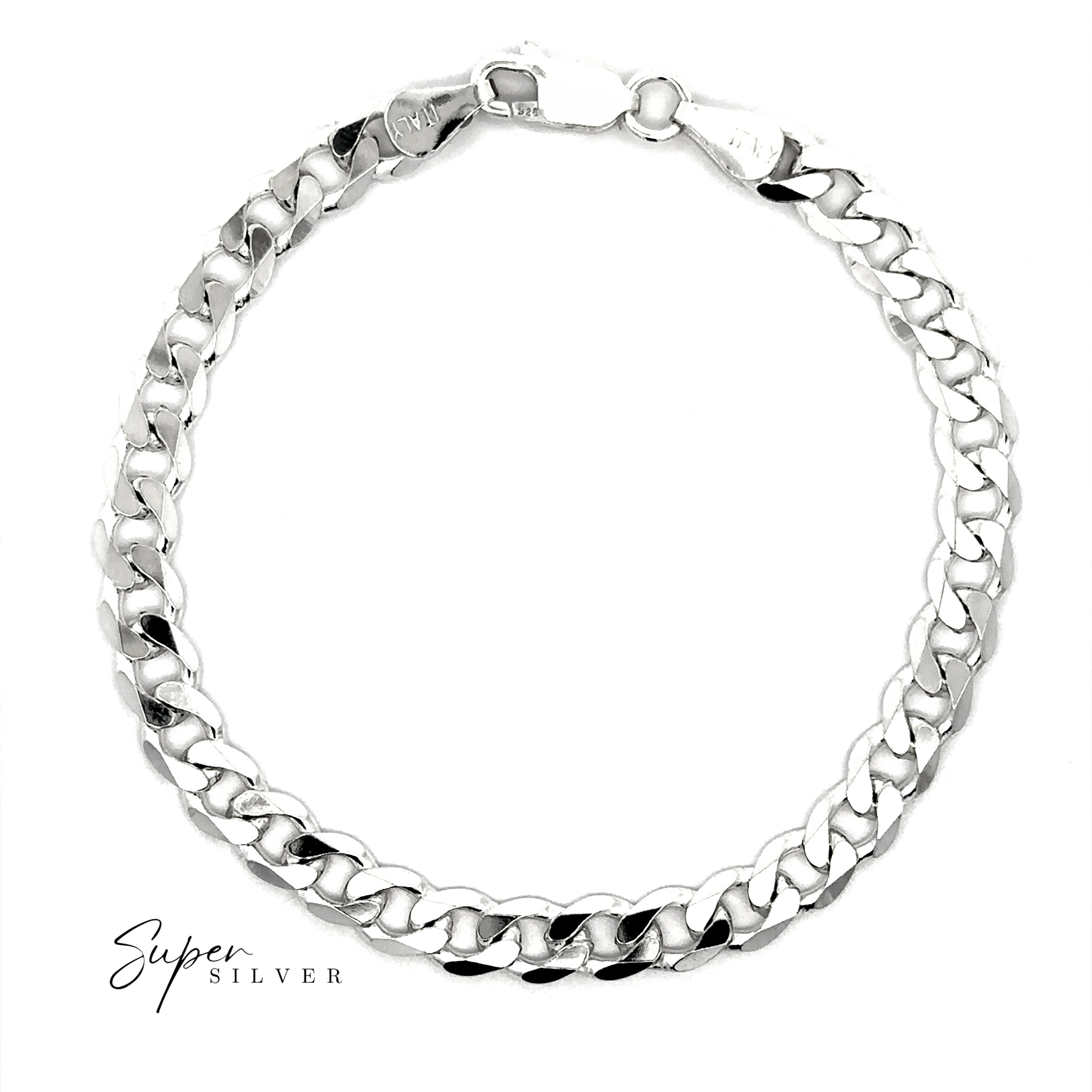 The Signature Italian Curb Chain, a silver Cuban link bracelet with a lobster clasp, is displayed in a circle on a white background. "Super Silver" appears at the bottom left. Complements any men's silver necklace for a standout style.