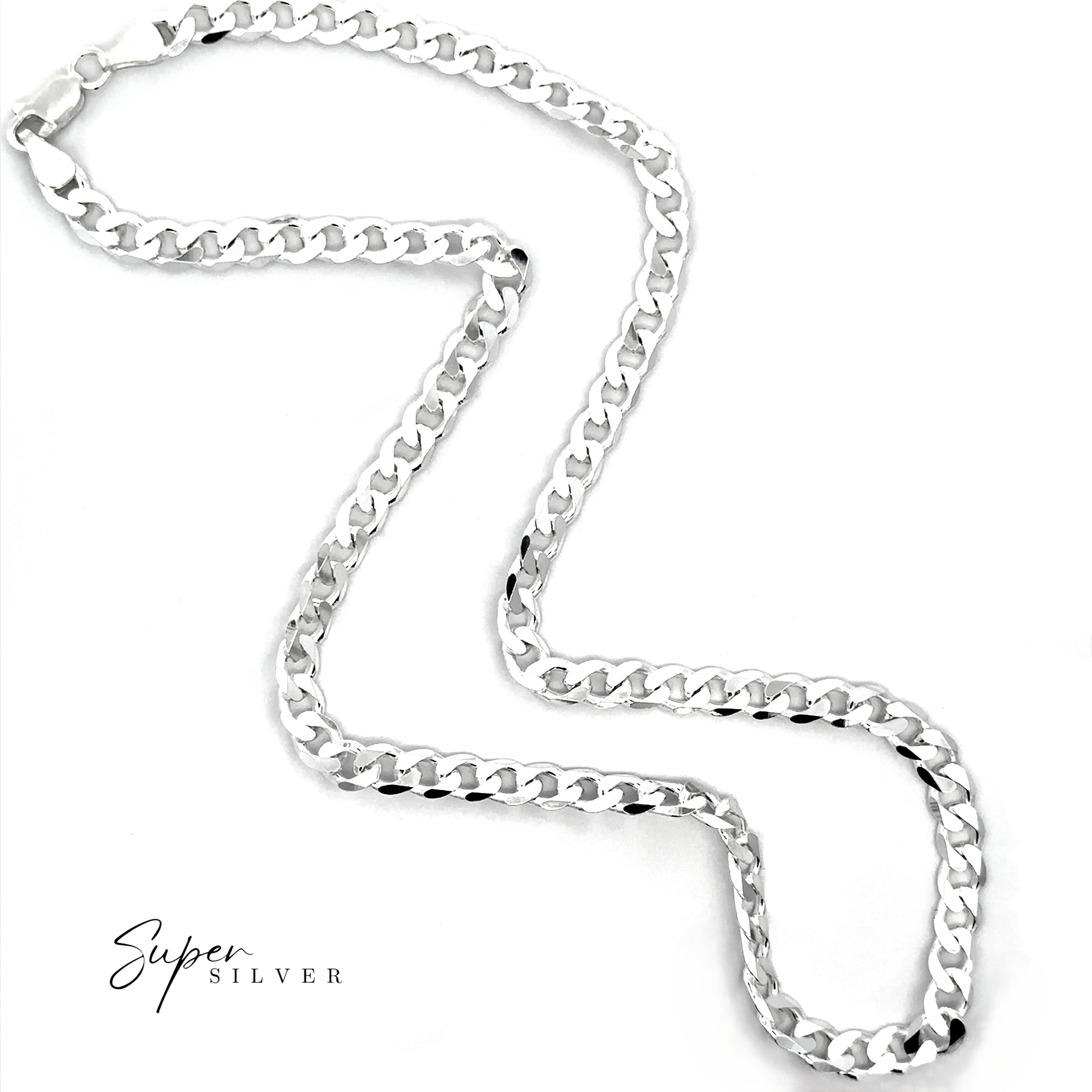 The Signature Italian Curb Chain showcased on a white background, featuring "Super Silver" in the bottom left. Ideal as a men's silver necklace or a timeless Italian Sterling Silver curb chain.