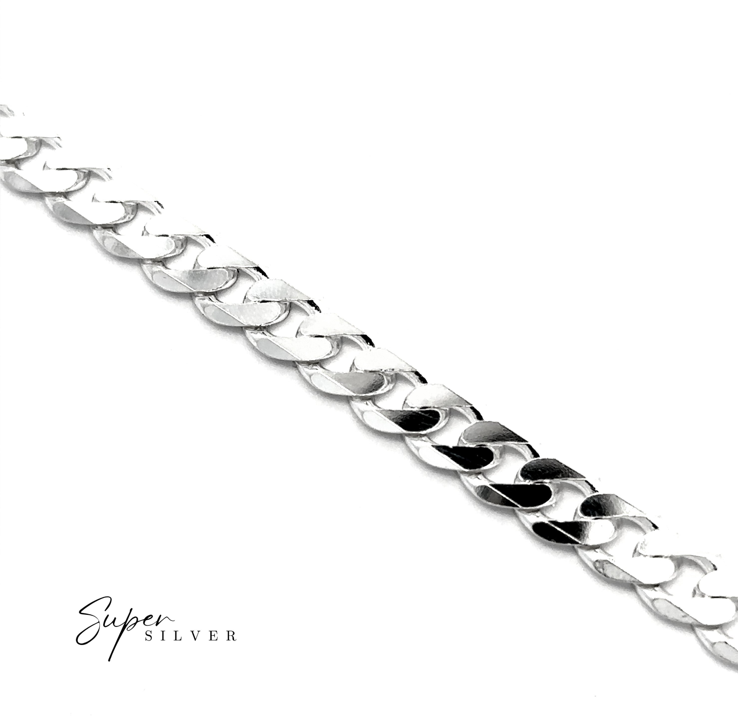 A close-up of the Heavy Italian Curb Chain bracelet on a white background, featuring "Super Silver" text in the lower left corner.