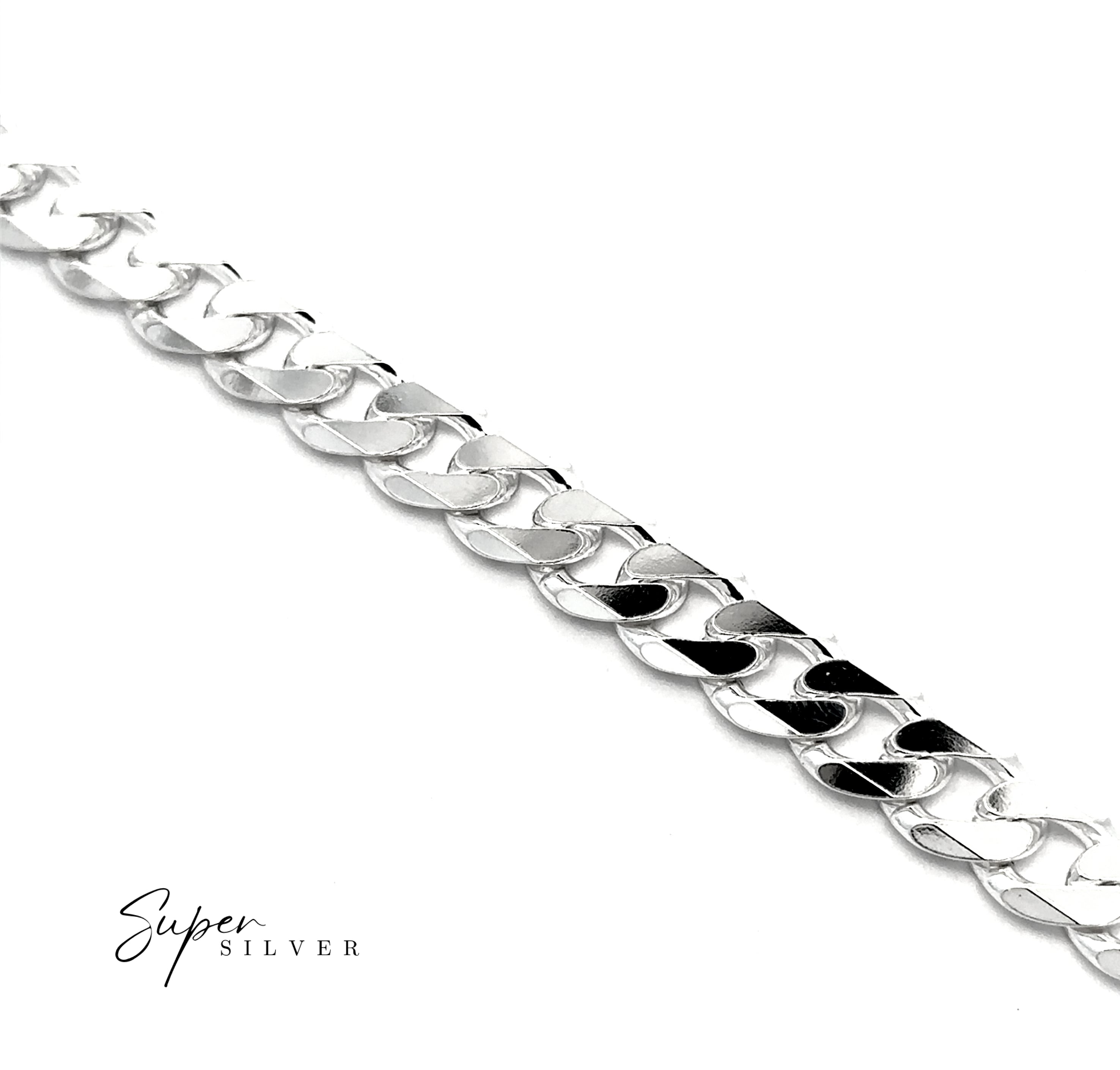 A close-up of a shiny Heavy Italian Curb Chain bracelet on a white background with the text "Super Silver" in the corner.