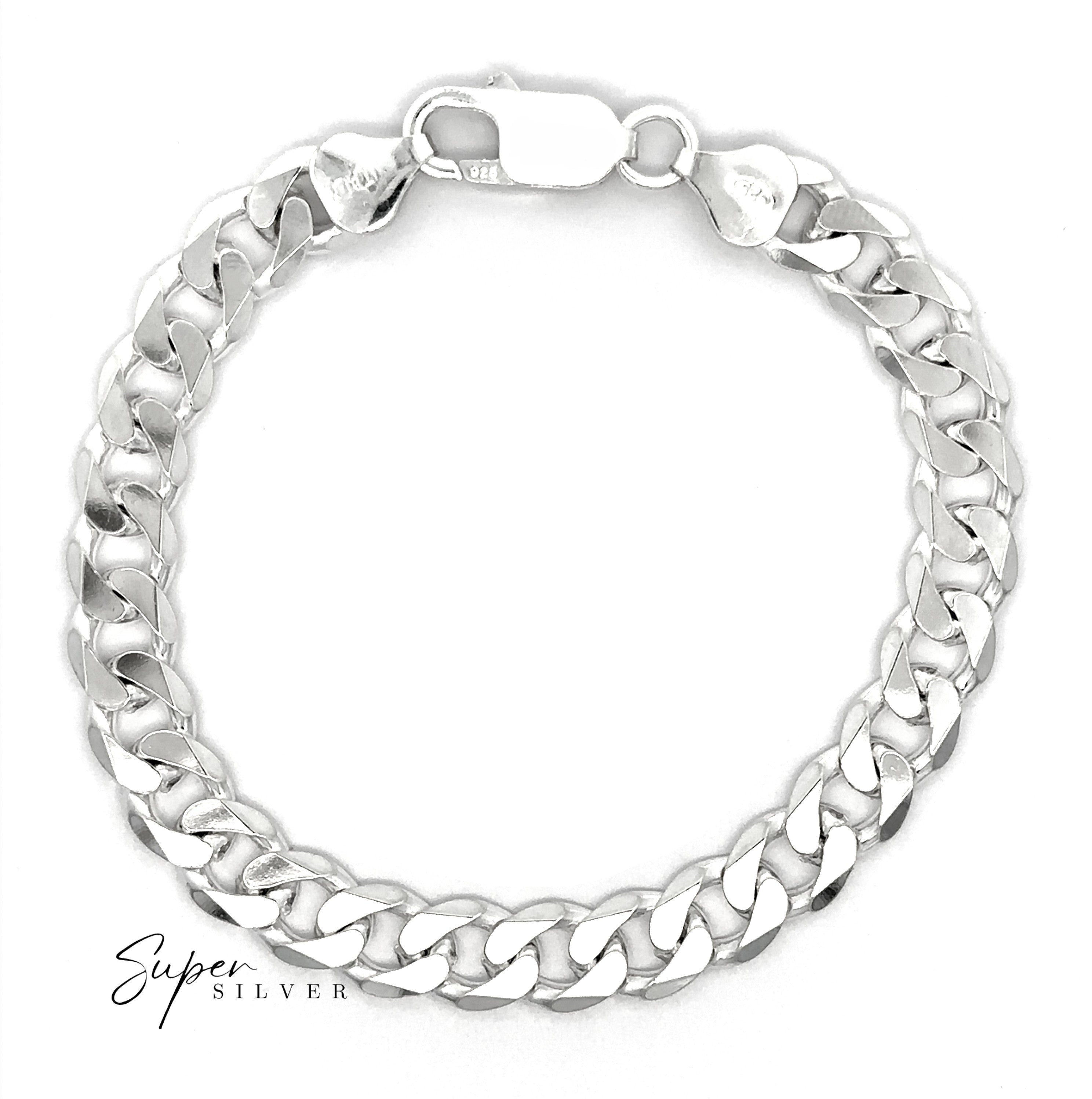 The "Heavy Italian Curb Chain" sterling silver bracelet with a curb chain design and lobster clasp is displayed on a white background. The "Super Silver" logo appears in the bottom left corner.