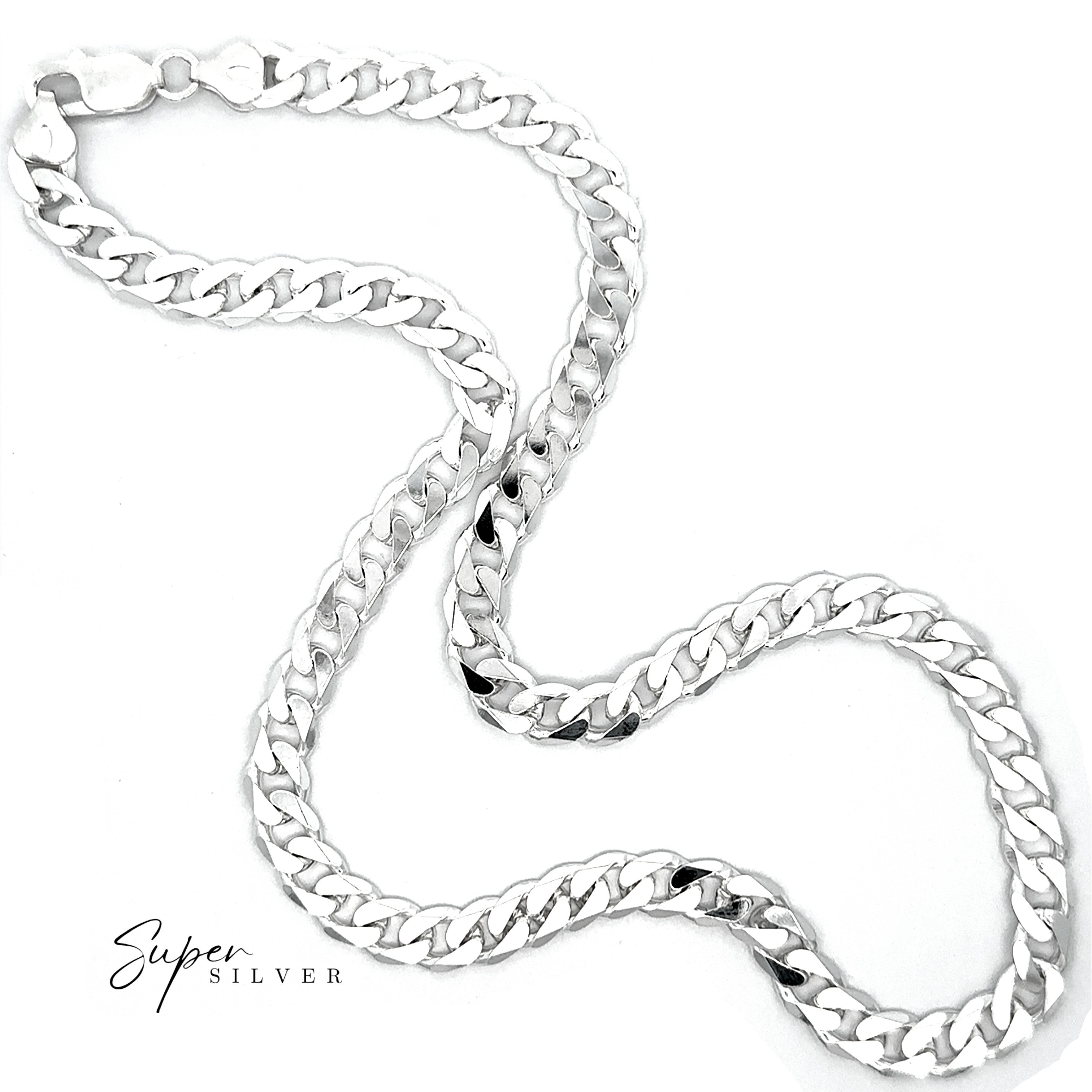 A Heavy Italian Curb Chain necklace with a lobster clasp is showcased on a white background, featuring the "Super Silver" logo in the corner.