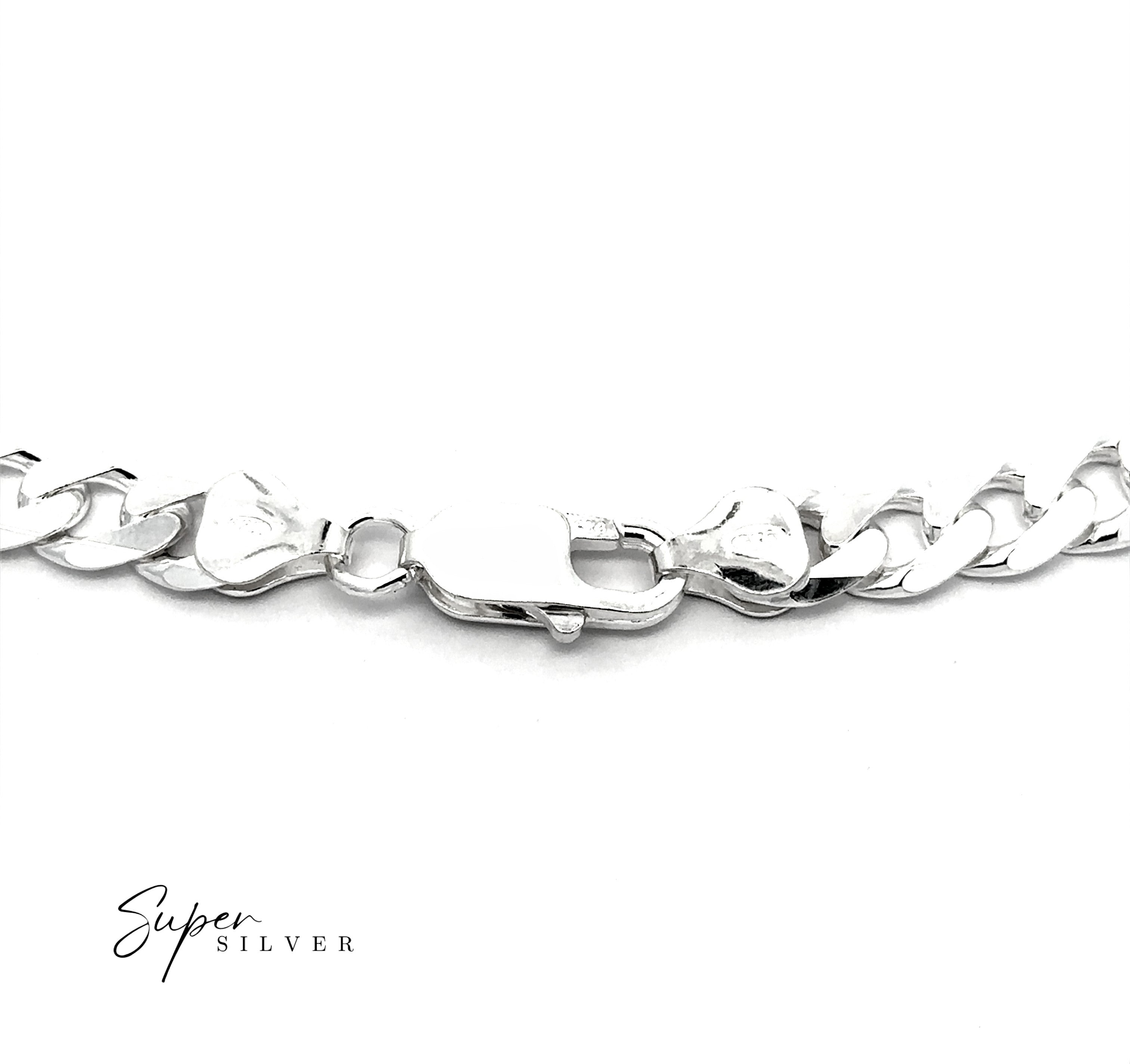 Close-up view of the Heavy Italian Curb Chain, a sterling silver necklace with a lobster clasp, displayed on a white background. The text "Super Silver" appears in the lower left corner.