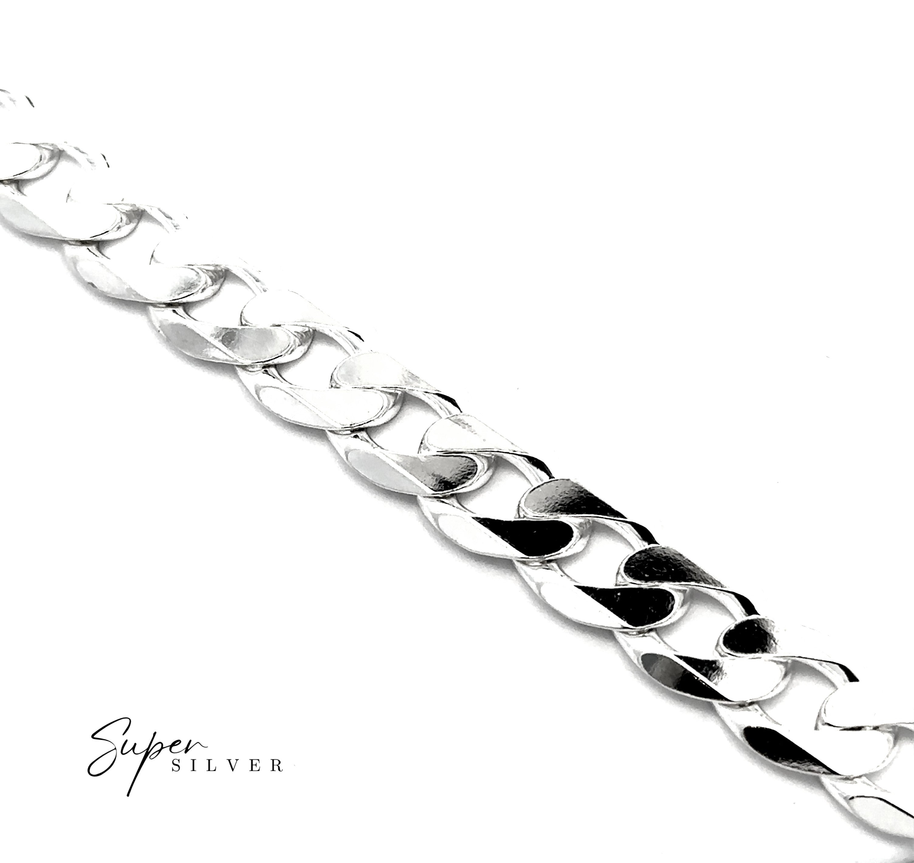Close-up of the Heavy Italian Curb Chain, a sterling silver bracelet with flat, interlocking links on a white background; "Super Silver" logo appears in the bottom left corner.