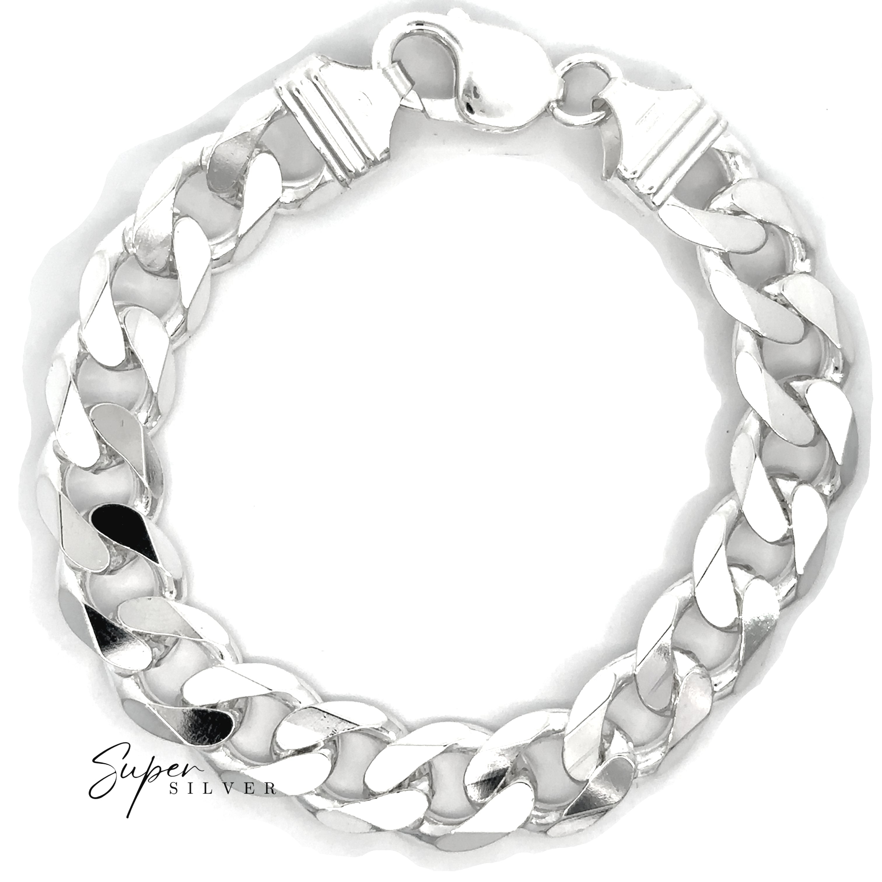 The "Massive Italian Curb Chains" men's silver bracelet features a thick, oversized curb design and lobster clasp, displayed circularly on a white background with the "Super Silver" logo in the corner.