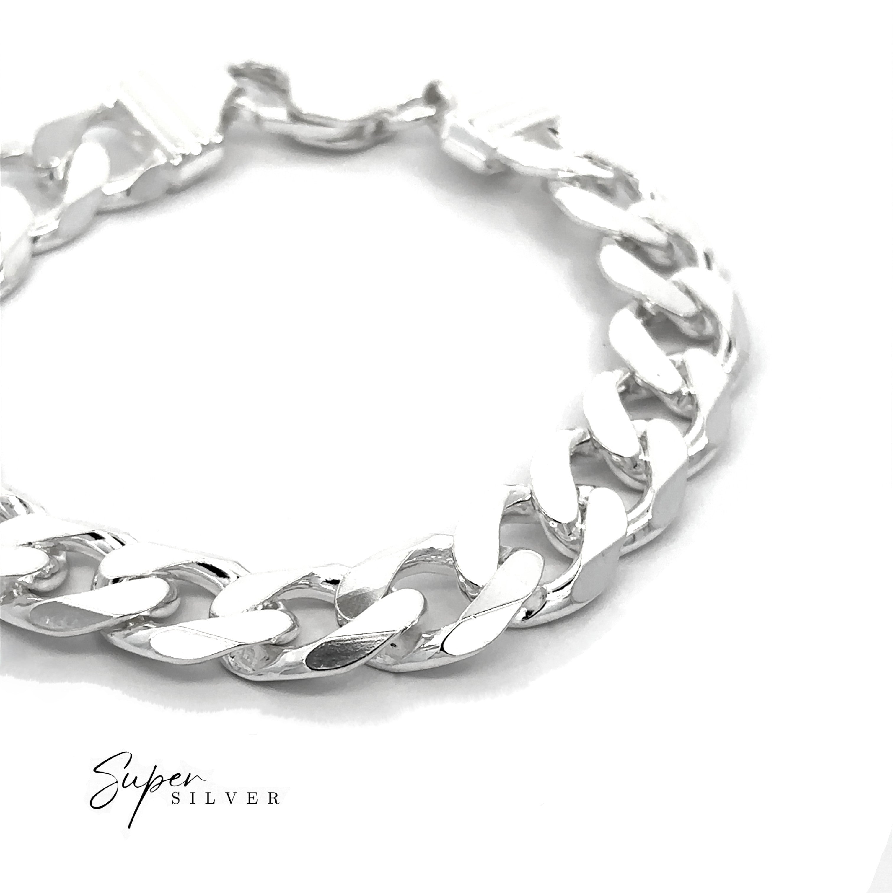 A close-up photo of the Massive Italian Curb Chains men's silver bracelet with an oversized curb chain and clasp, shown on a white background. “Super Silver” is displayed in the bottom left corner.