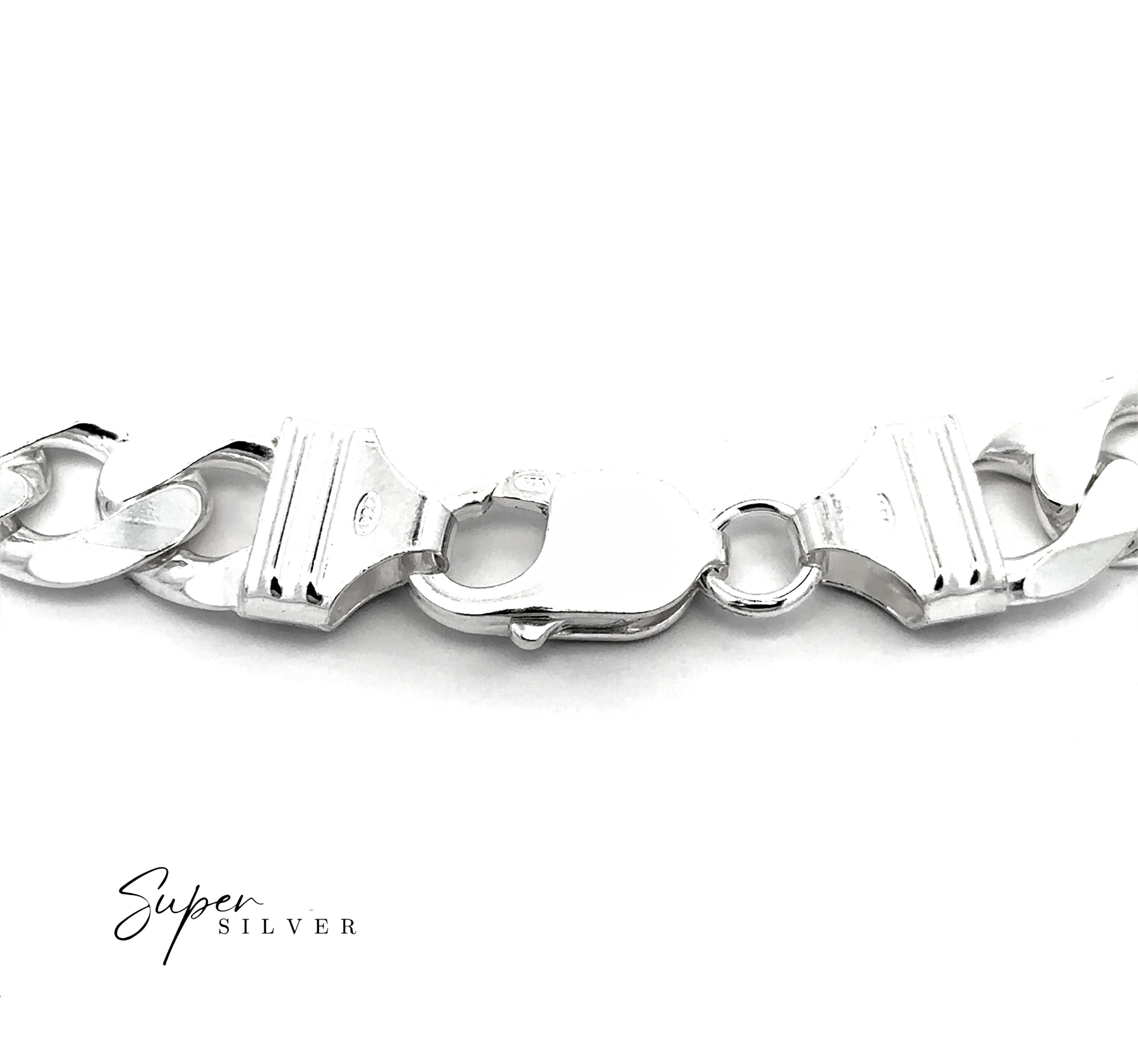 Close-up of a men’s silver "Massive Italian Curb Chains" bracelet with a lobster clasp and oversized curb chain design on a white background. "Super Silver" text appears in the lower left corner.