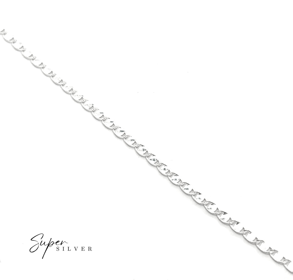 A Sterling Silver Italian Valentina/Valentino Chain is displayed diagonally on a white background, with the text “Super Silver” in the bottom left corner. This elegant chain, crafted in Italy, showcases timeless style and expert craftsmanship.