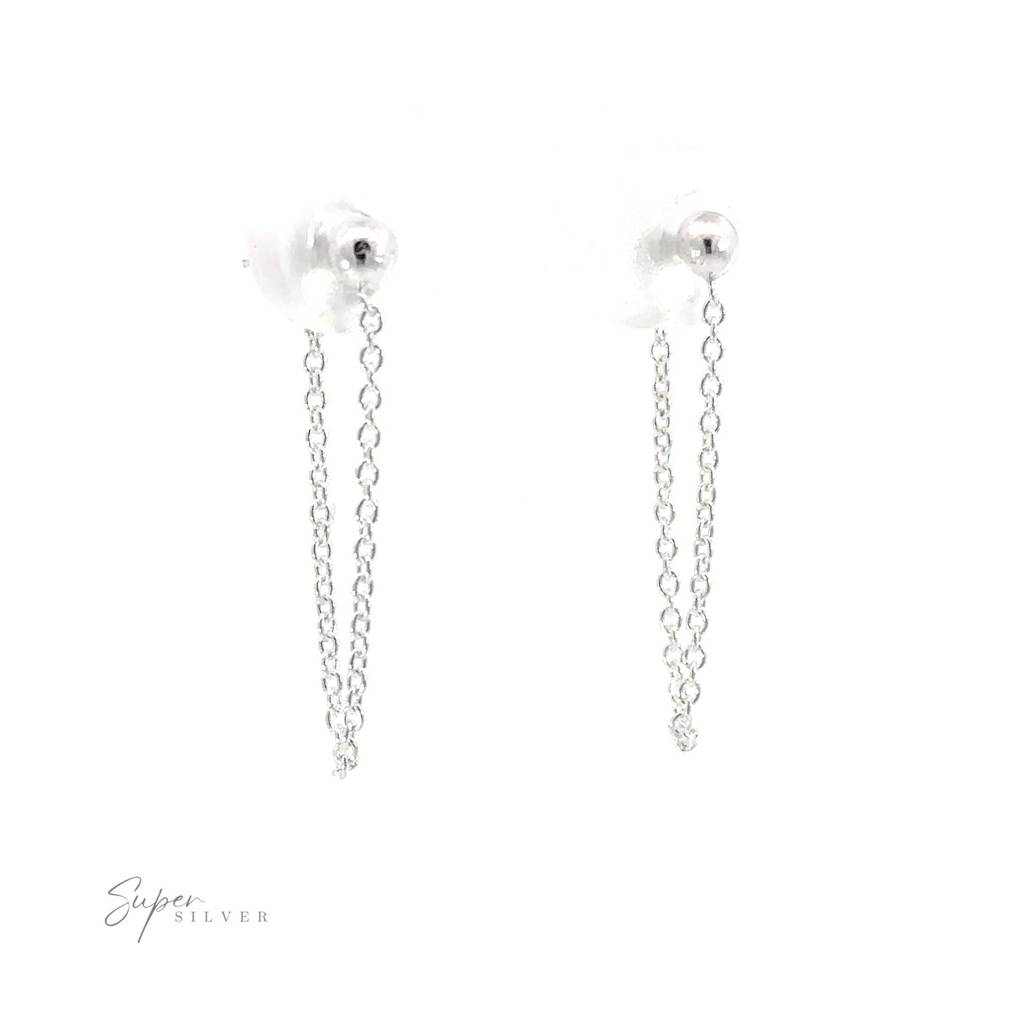 A pair of Ball Stud with Dangling Chain sterling silver earrings, perfect for minimalist style.
