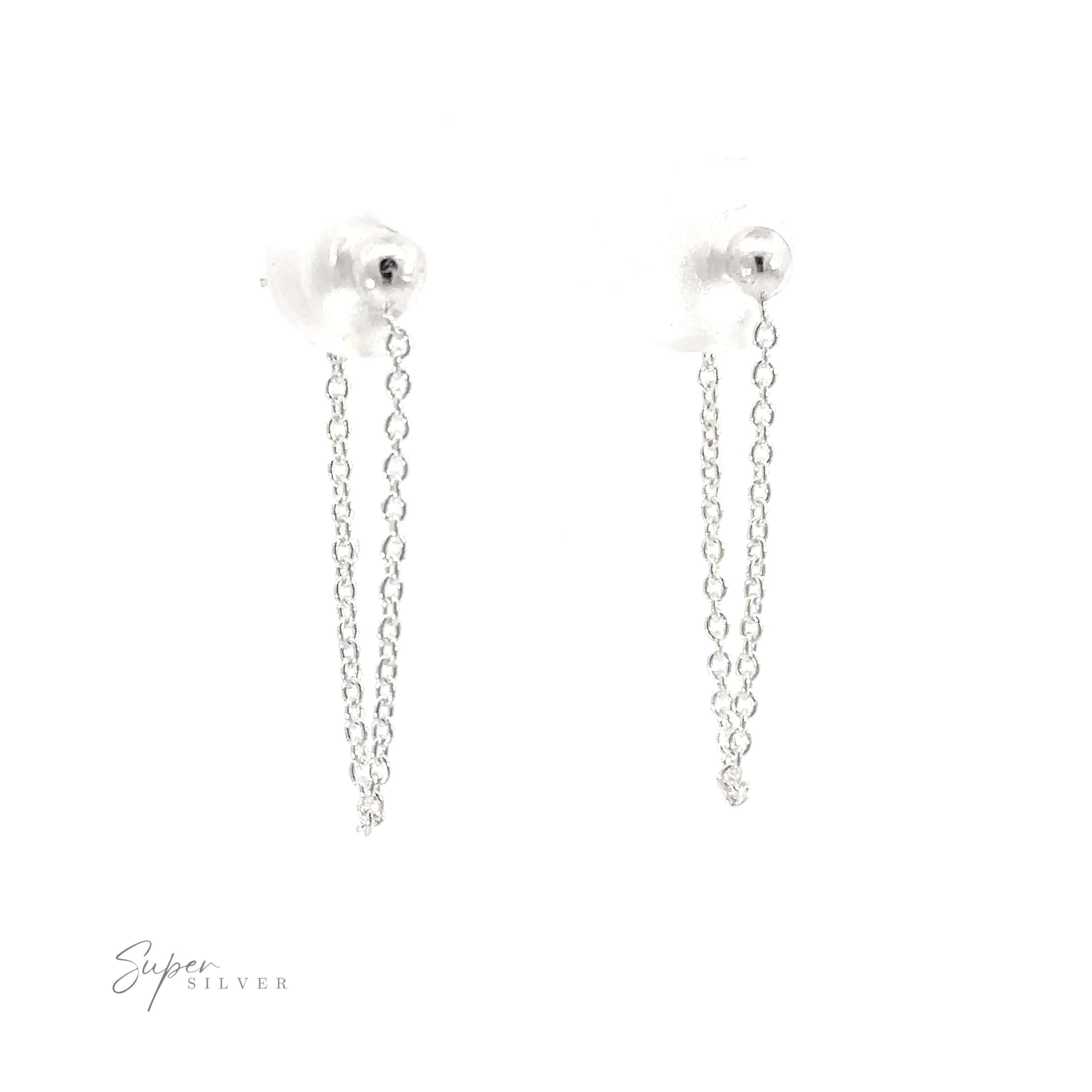 A pair of Ball Stud with Dangling Chain sterling silver earrings, perfect for minimalist style.