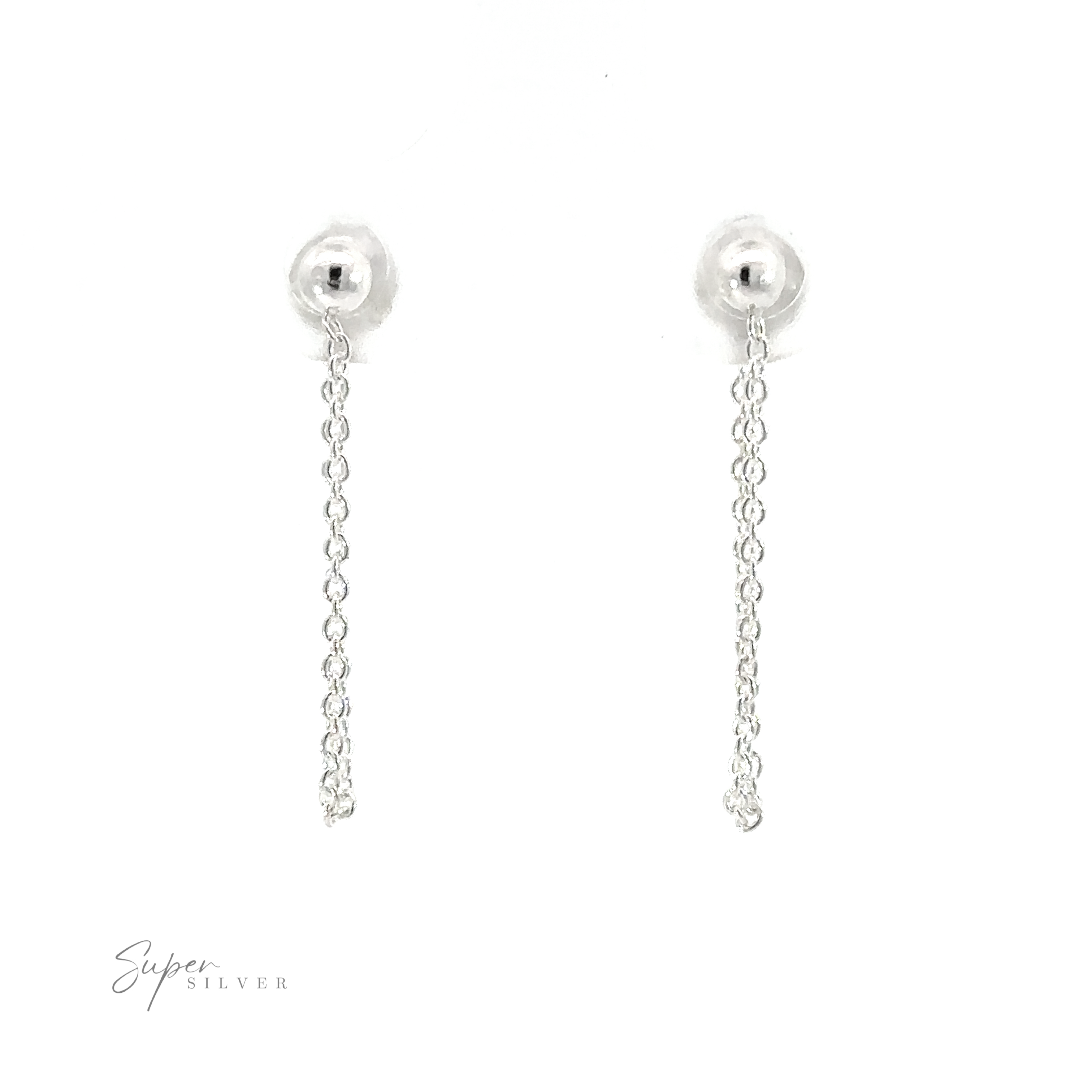 Crafted from .925 sterling silver, these Ball Stud with Dangling Chain earrings exude a minimalist style with their ball and chain design.