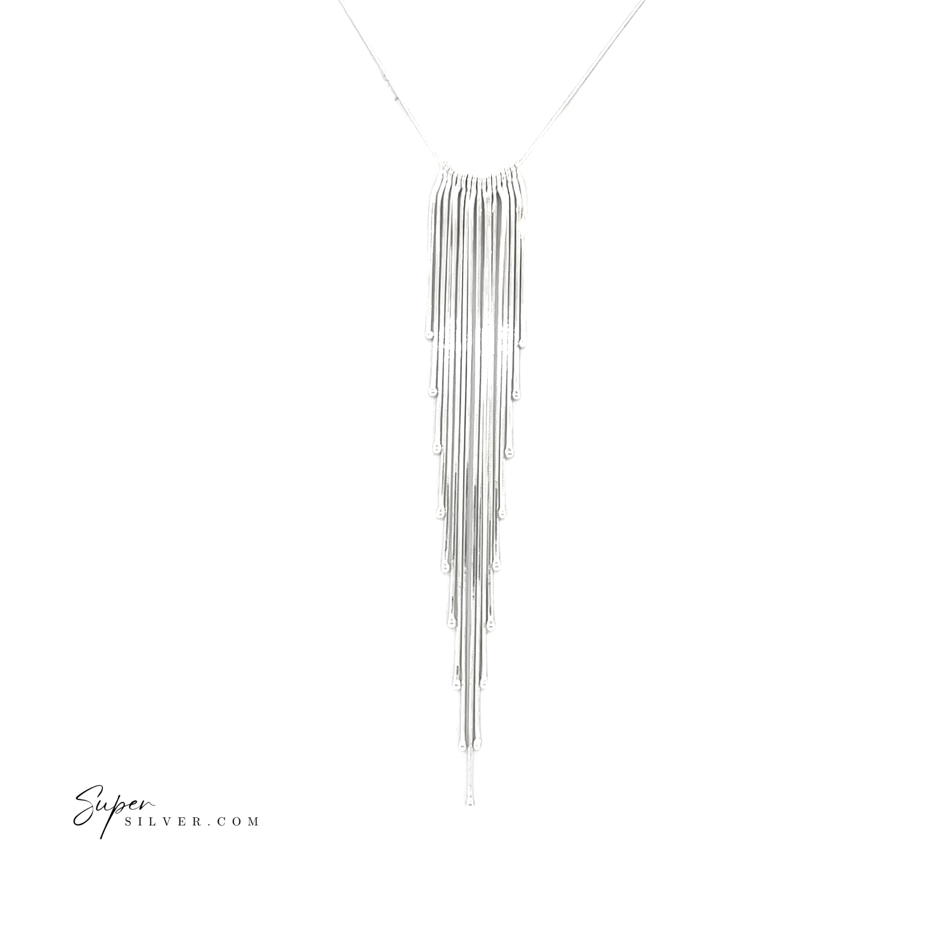 The Silver Cascading Italian Chain Necklace features multiple thin, elongated vertical bars in a V-shape on a faceted snake chain; "SuperSilver.com" logo appears in the bottom left corner.