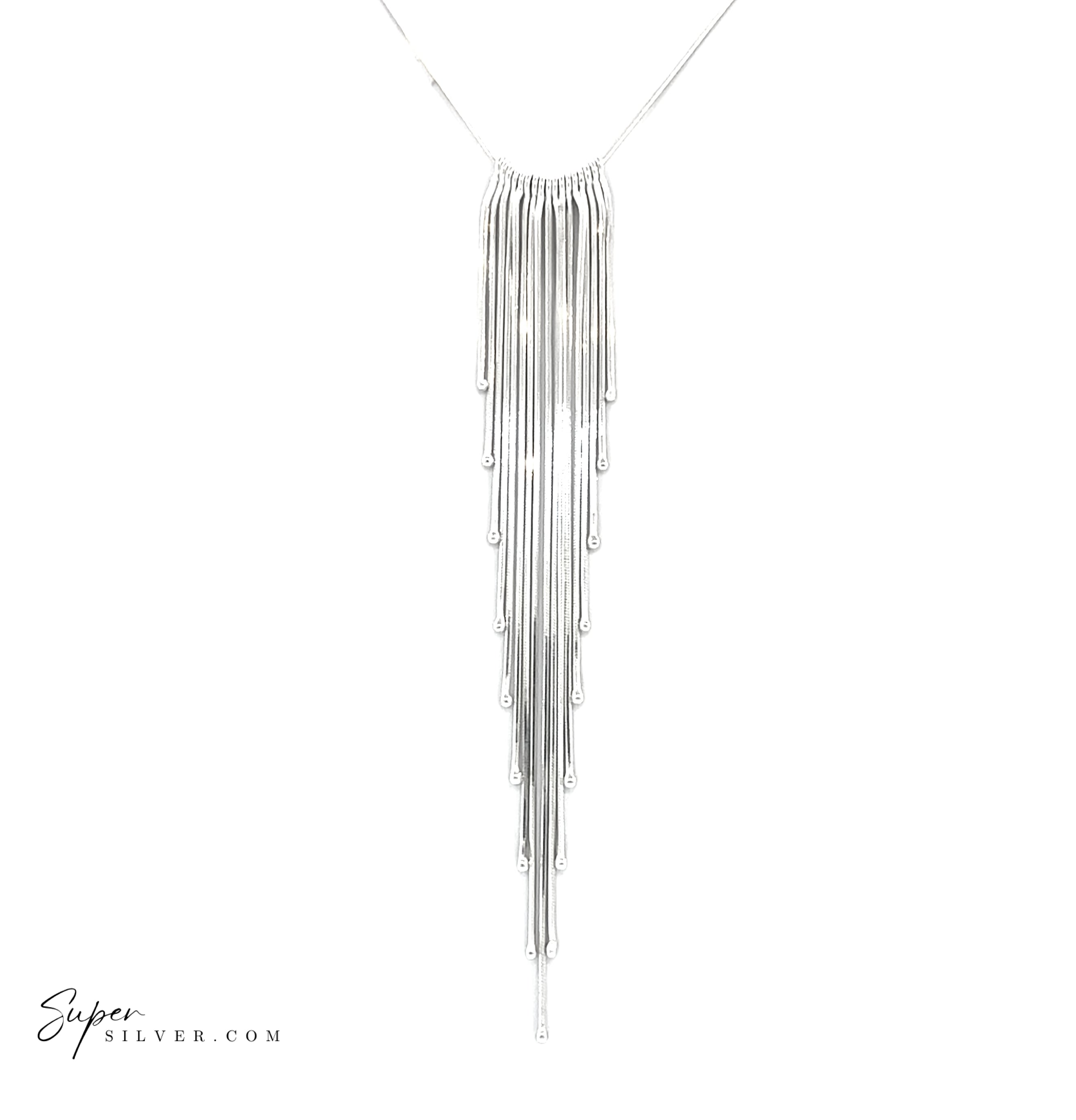 The Silver Cascading Italian Chain Necklace features multiple thin, elongated sterling silver bars in a tapered cascade, shown on a white background.