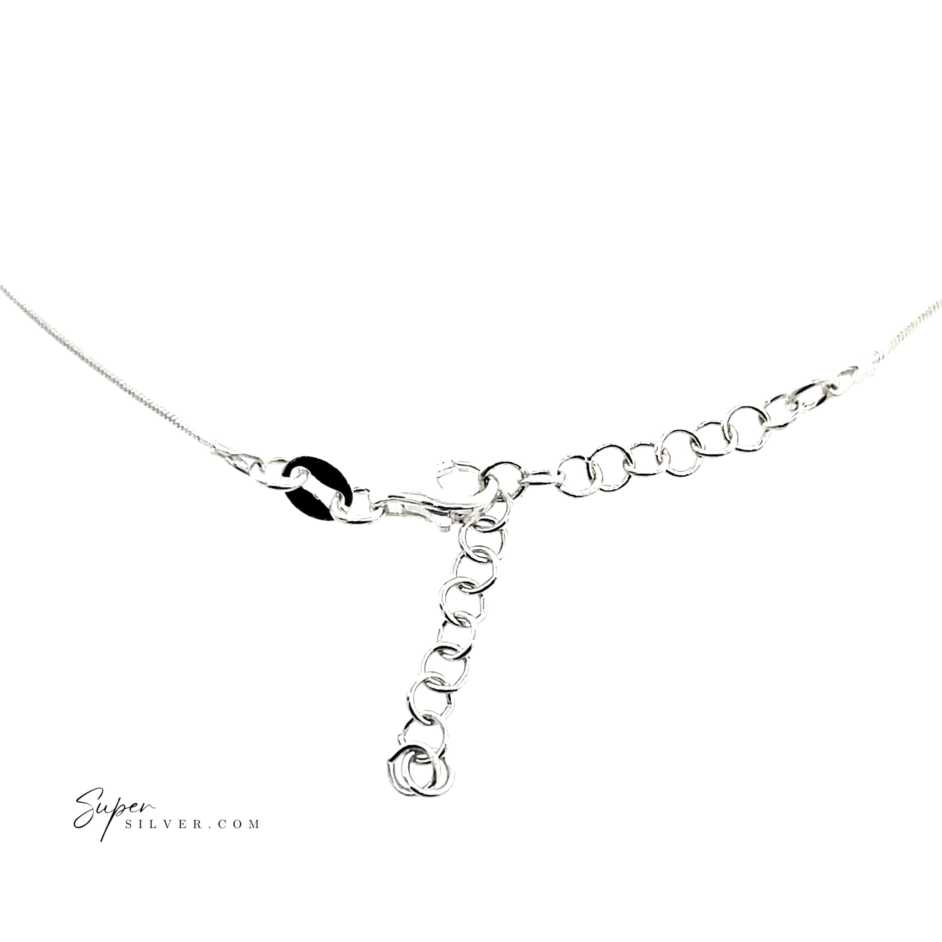 The Silver Cascading Italian Chain Necklace features circular sterling silver links and a toggle clasp, shown on a white background with Supersilver.com branding. A classic Italian necklace, perfect for any occasion.