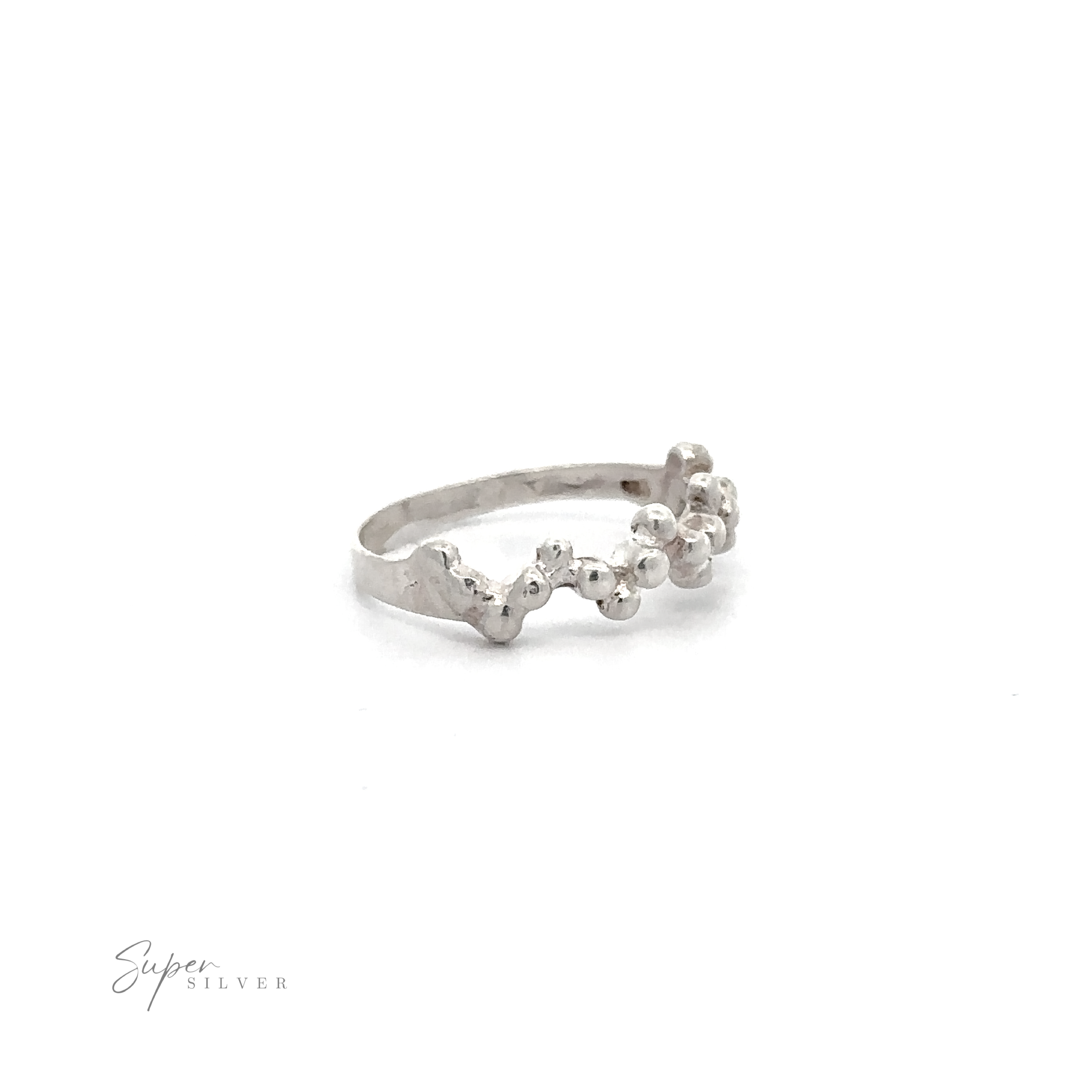 A silver Beaded Half Zig-Zag Ring, adorned with diamonds and featuring a polished finish.
