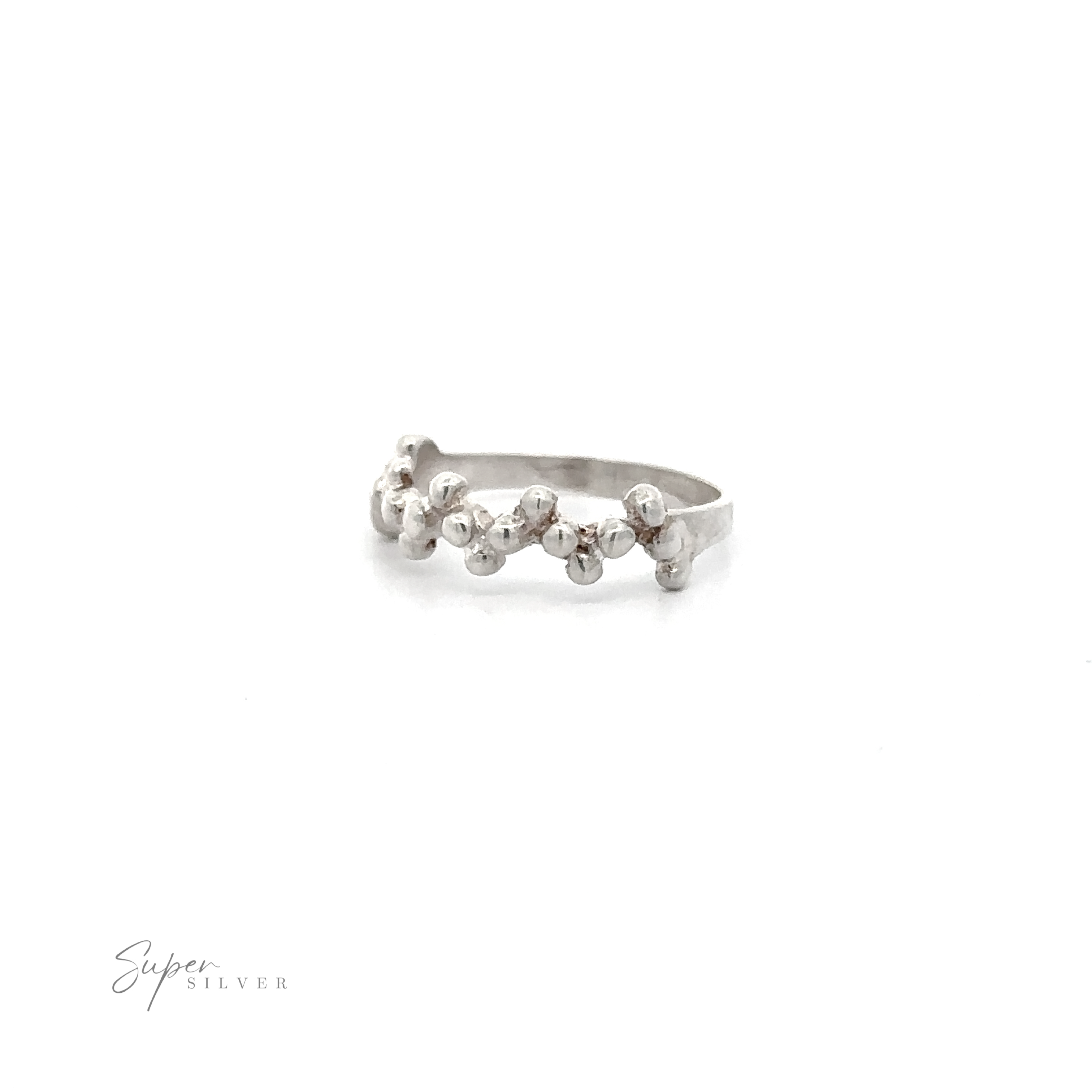 A delicate Beaded Half Zig-Zag white gold ring with diamonds on it.