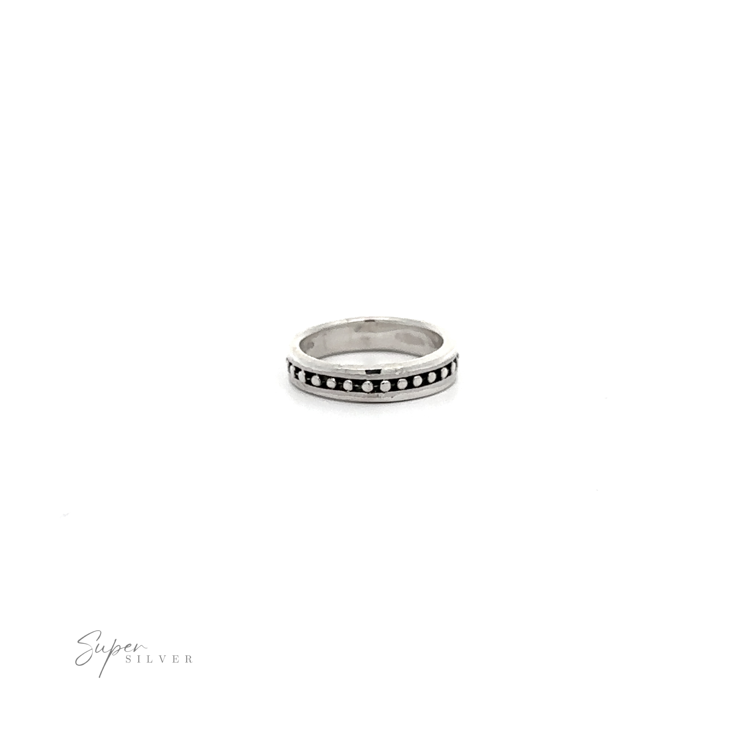 A Silver Band with Ball Pattern adorned with black dots on a white background, creating a stylish and elegant design that is sure to compliment any outfit.