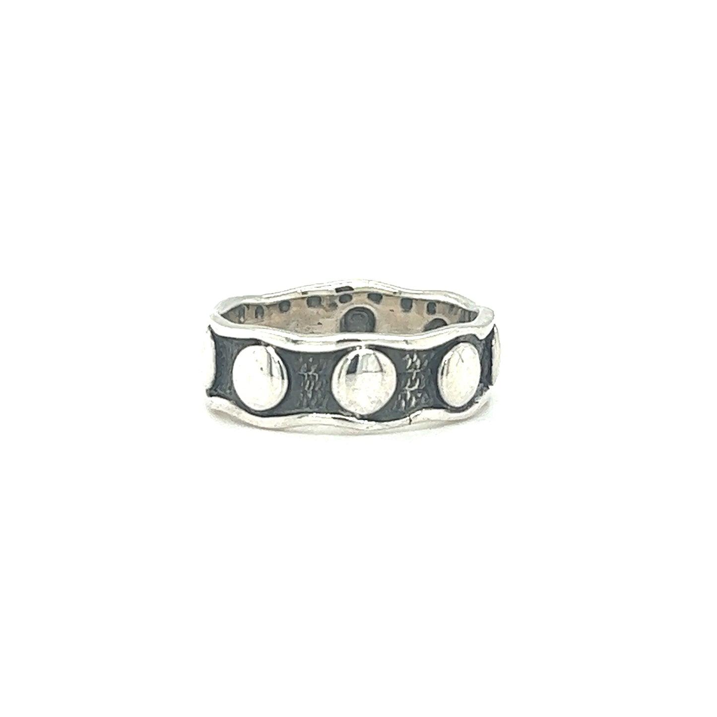 A Super Silver Edgy Curvy Band with Circle Pattern ring.
