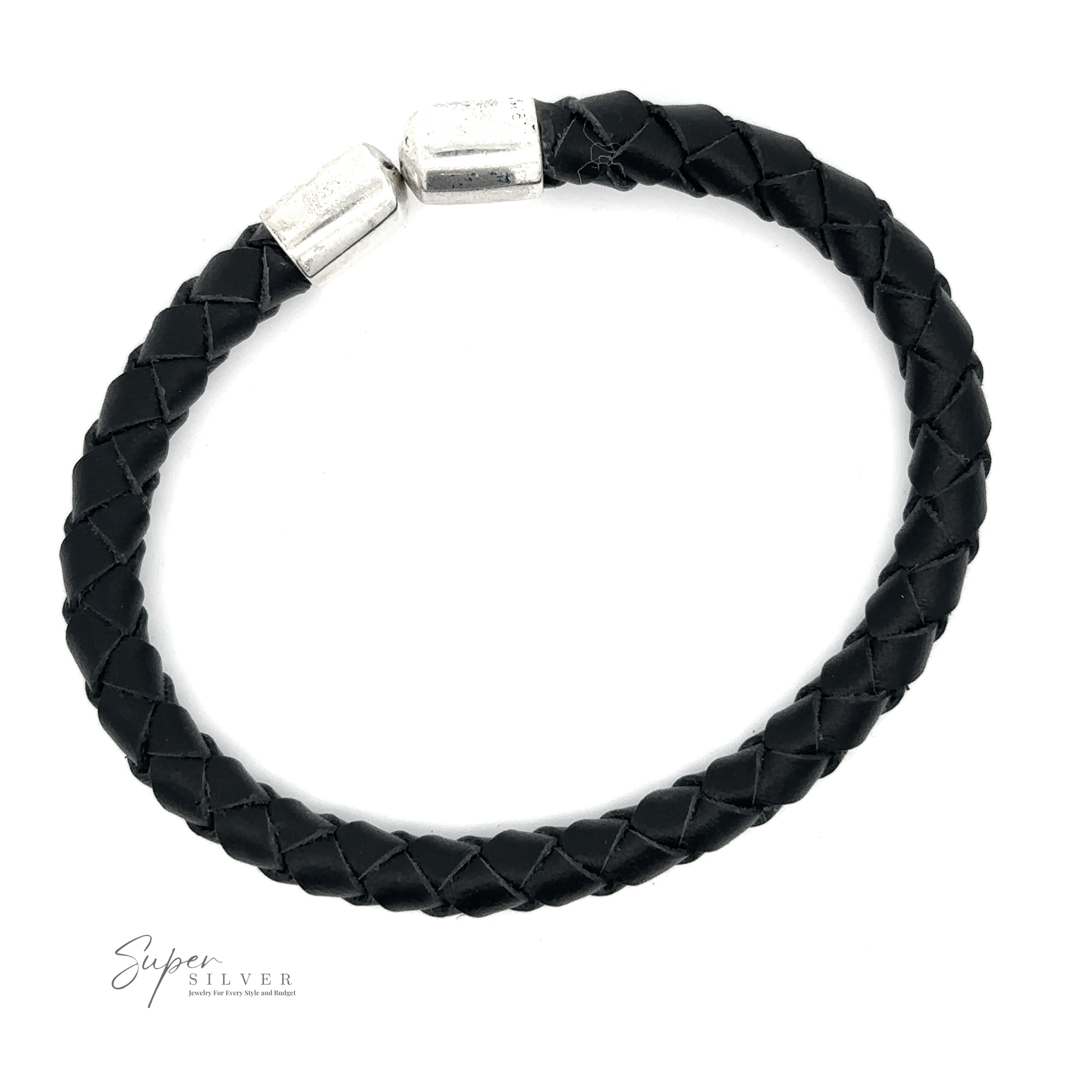 A black Braided Leather Bracelet with a sterling silver magnetic clasp, displayed on a white background. This refined men's accessory proudly features the logo "Super Silver" in the bottom left corner.