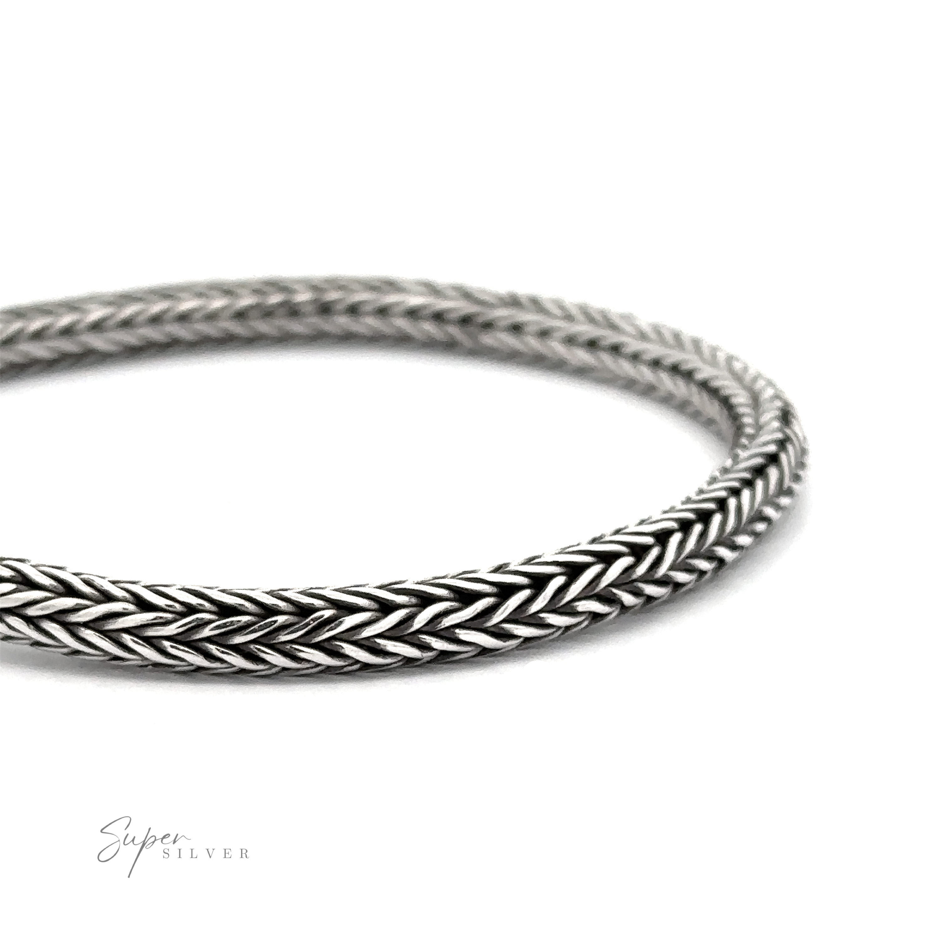 Close-up image of a sterling silver braided rope bracelet with a textured pattern on a white background. The words "4mm Braided Bracelet" are visible in the lower left corner, perfect for everyday wear.