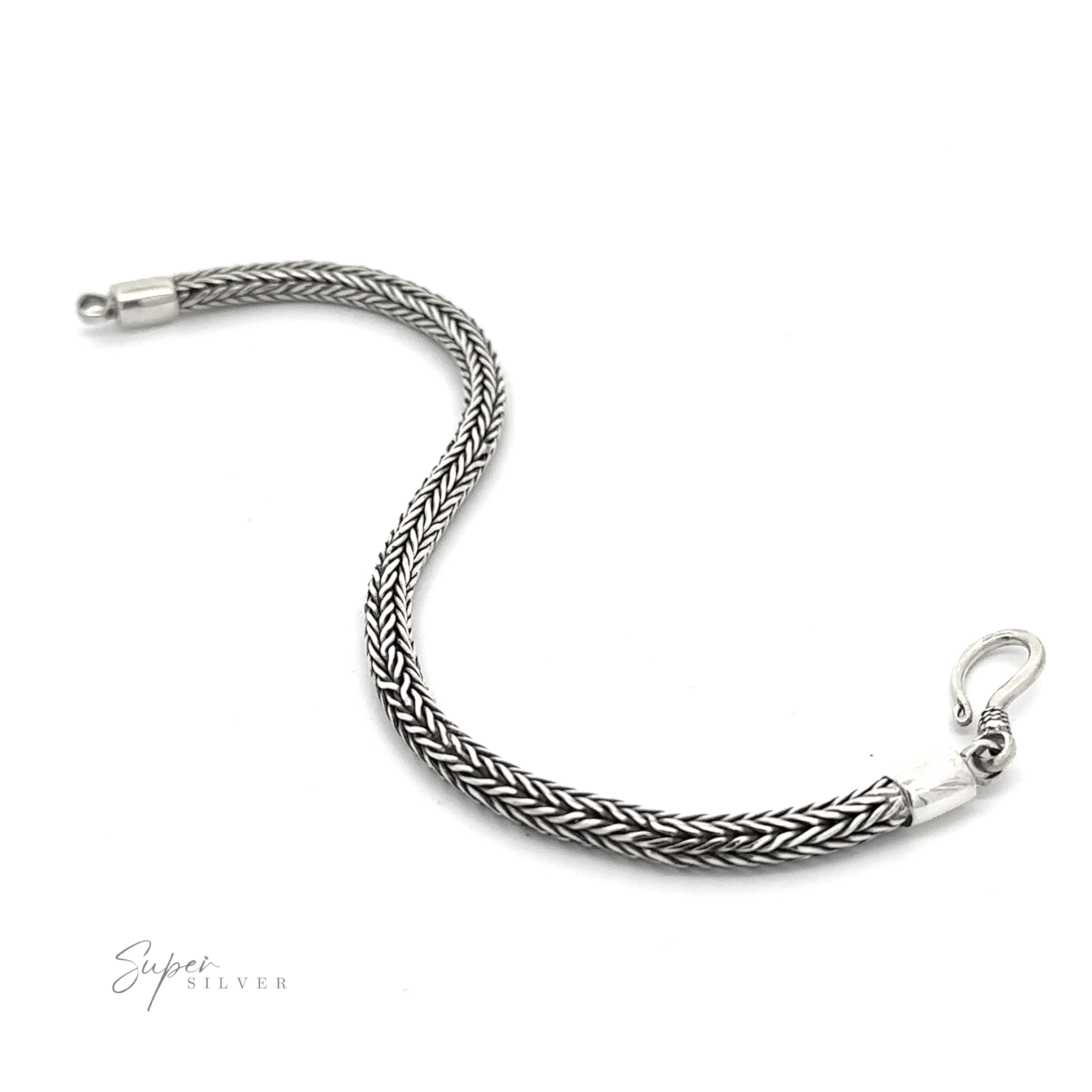A 4mm Braided Bracelet with a hook clasp on one end and a small knob on the other, displayed on a white background. The "Super Silver" logo is visible in the bottom-left corner, making it perfect for everyday stacking.