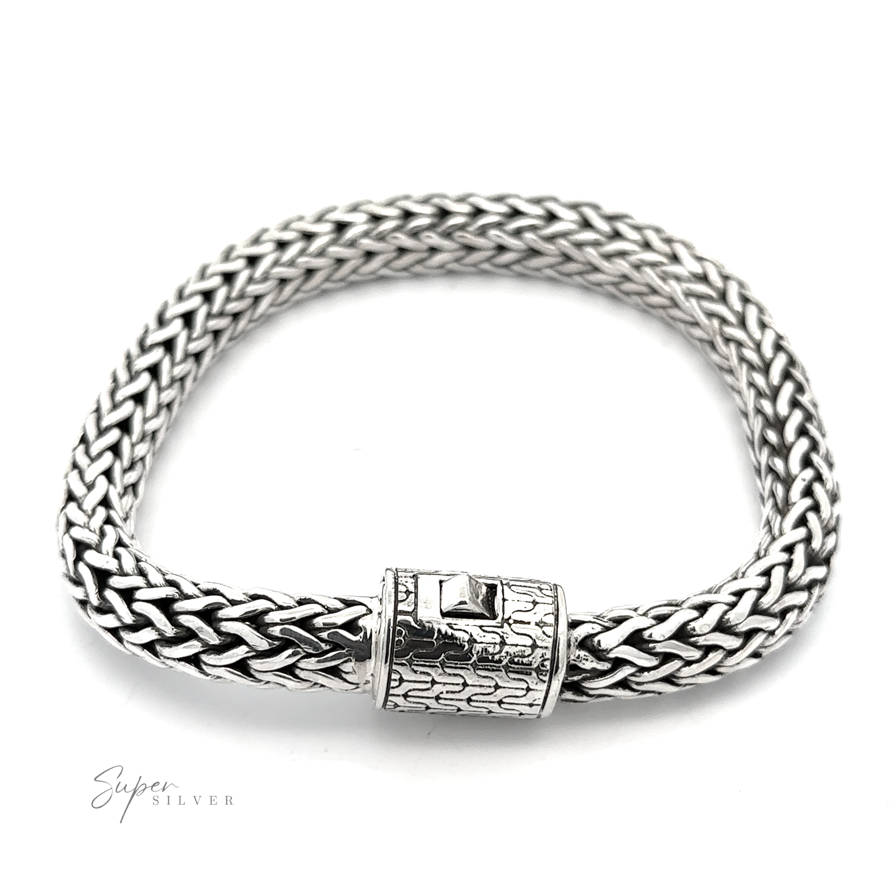 A Heavy Braided Bracelet featuring a textured rectangular clasp with a small square accent, displayed on a plain white background. Crafted from .925 Sterling Silver, the clasp adds a touch of elegance. The text "Super Silver" appears in the lower left corner.