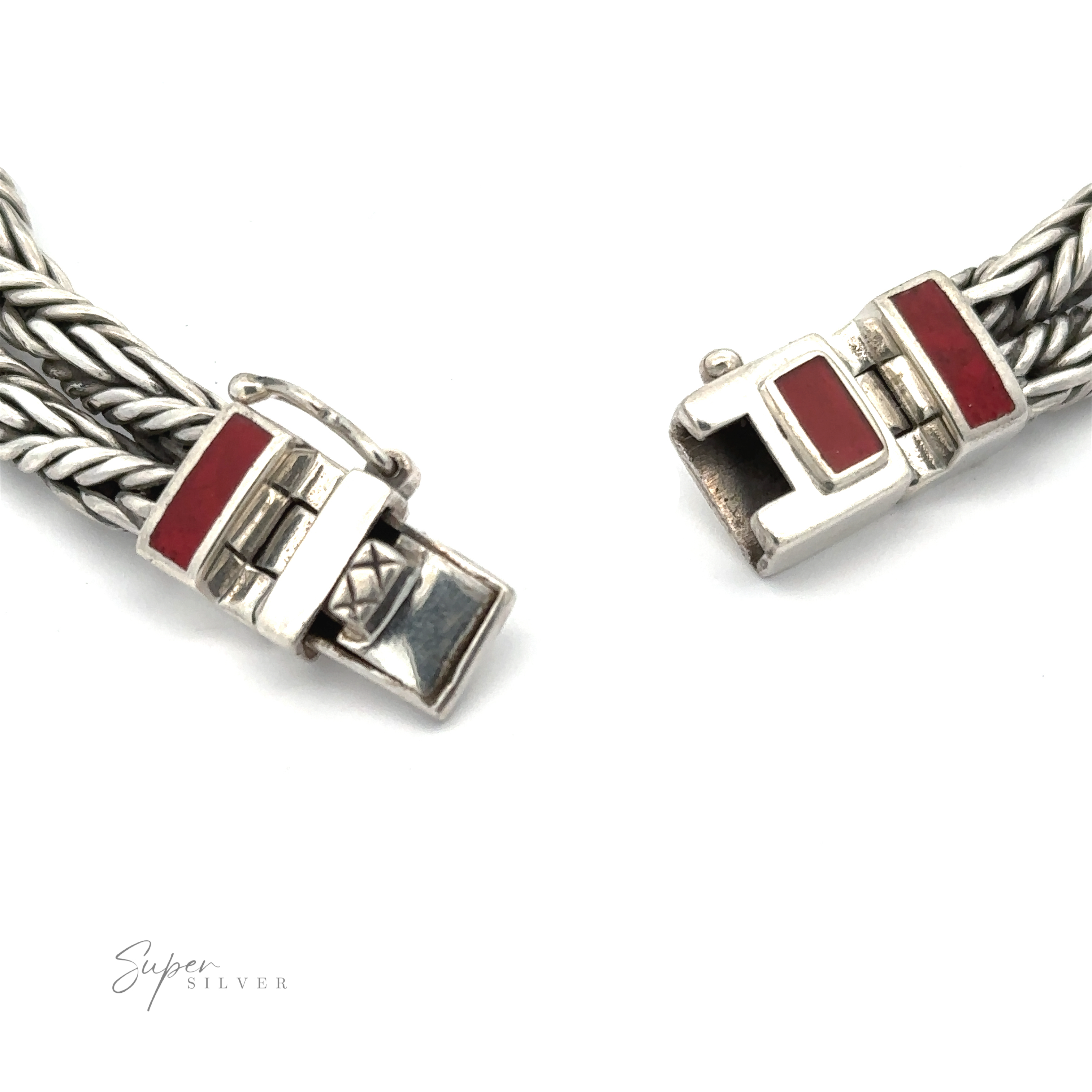 Close-up image of a Double Twisted Braided Rope Bracelet clasp in sterling silver with red enamel accents, showing both ends disconnected. "Super Silver" text is visible at the bottom left.