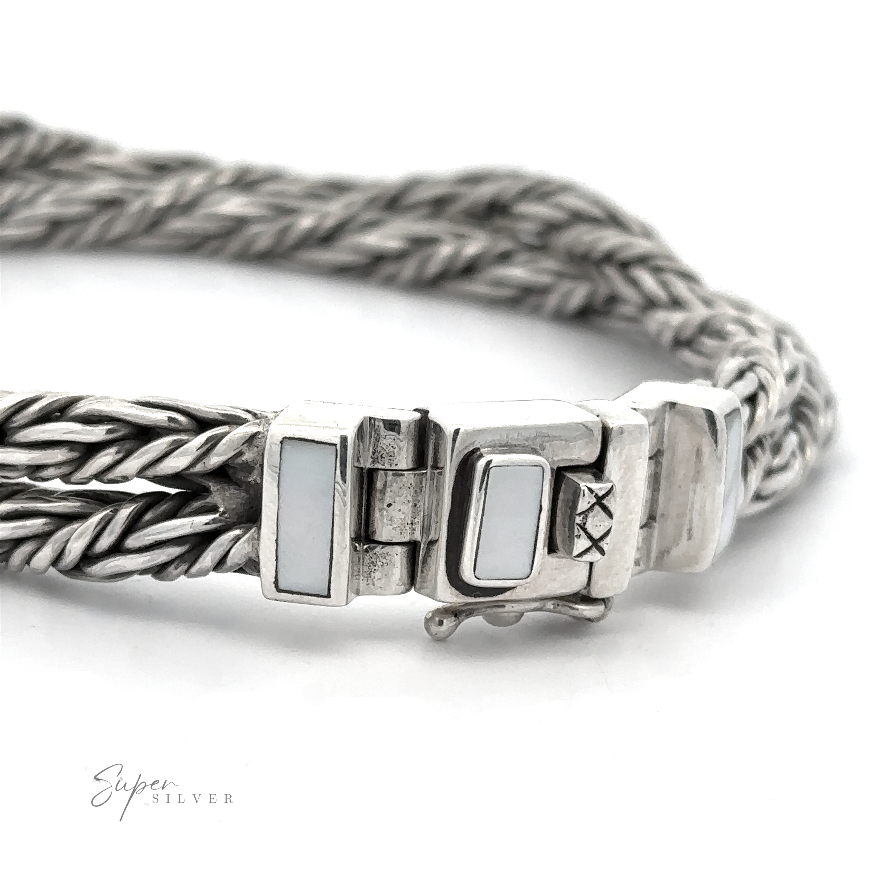 A close-up view of a sterling silver bracelet with a unique braided design and a clasp featuring white inlays. "Double Twisted Braided Rope Bracelet" is visible in the bottom left corner.