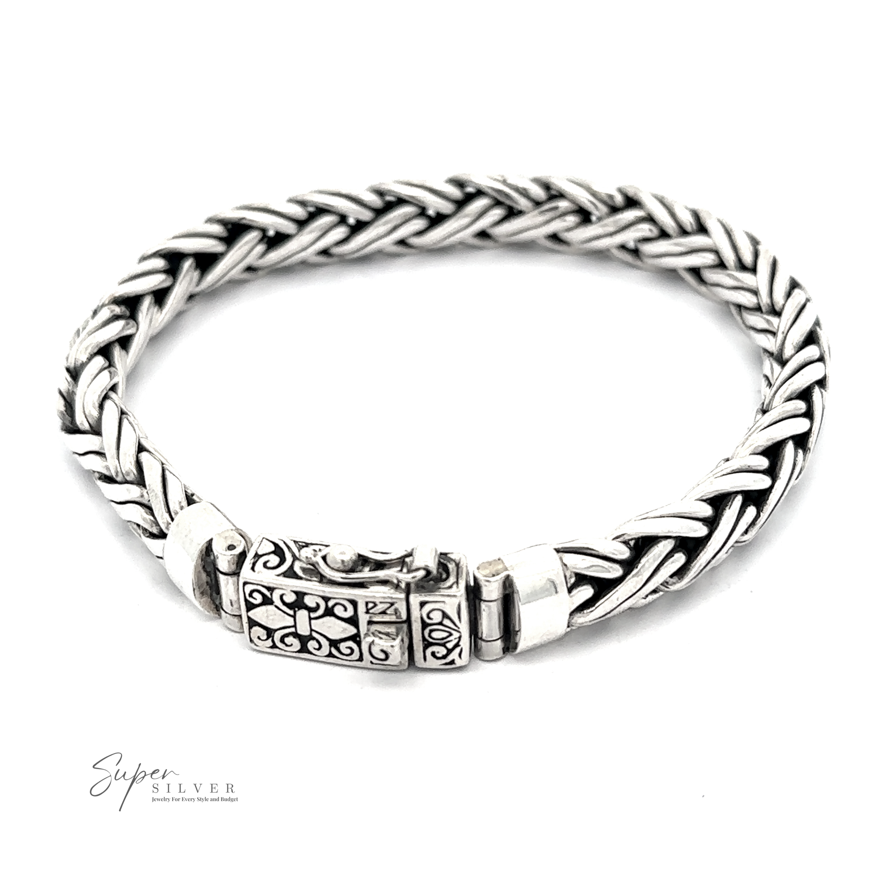 A Heavy Double Strand Braided Bracelet in .925 Sterling Silver, featuring an intricate clasp and the branding "Super SILVER" written in the corner, presents a stunning statement piece with its detailed pattern.