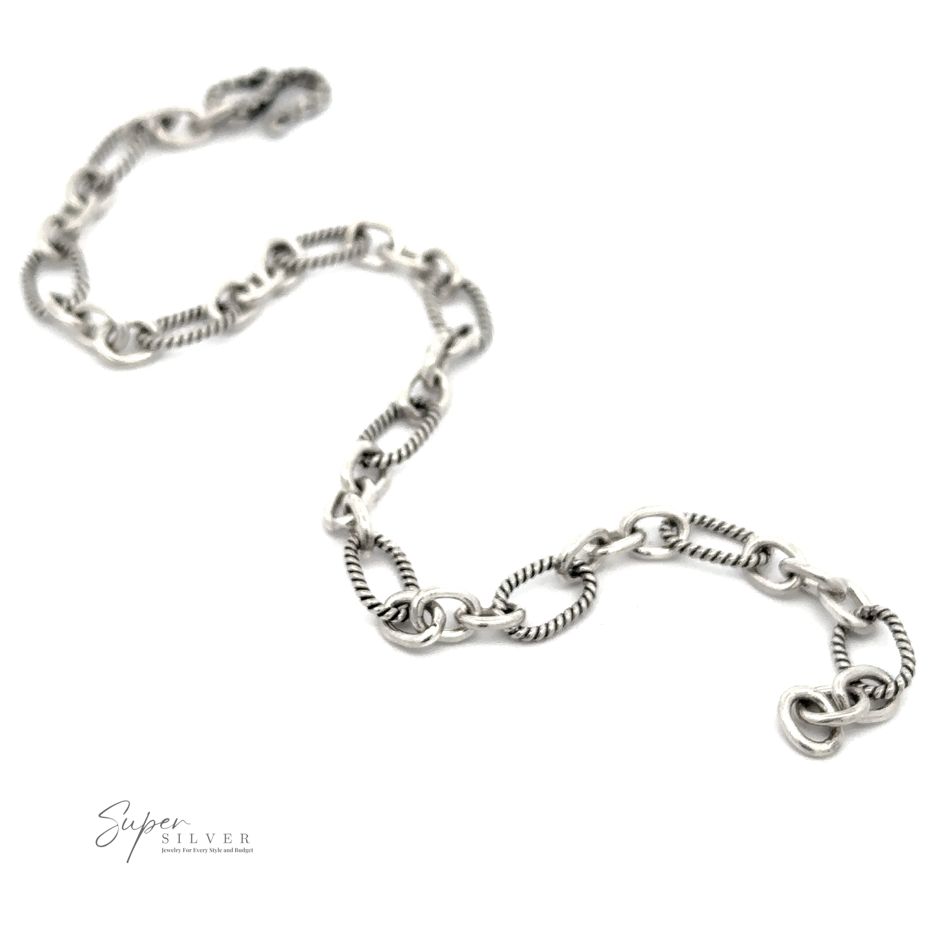 A Lasso and Rolo Bracelet with a mix of twisted and smooth links, embodying Balinese artistry, rests elegantly on a white background. The logo "Super Silver: Jewelry & The Best Silver" is in the bottom left corner.
