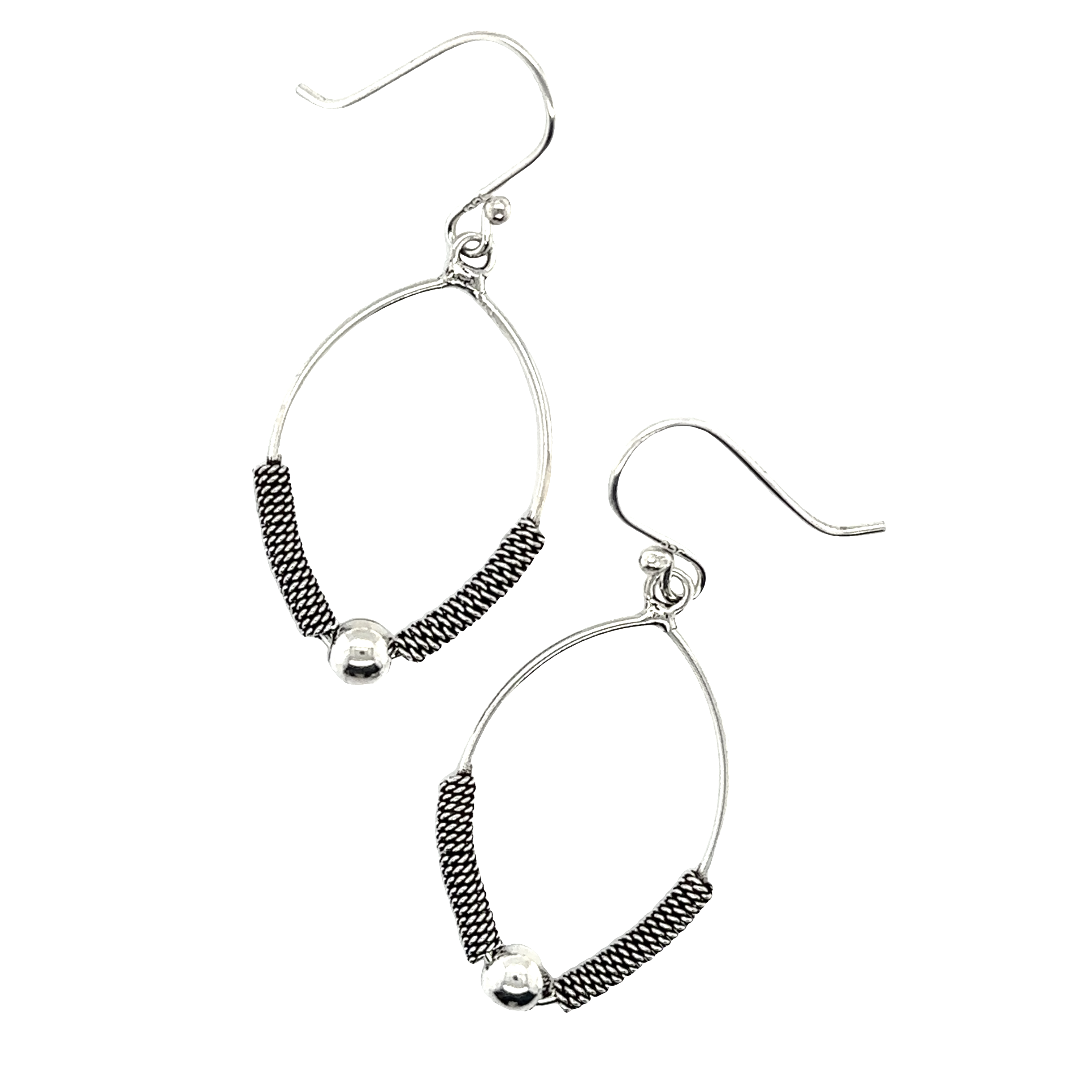 Handmade Super Silver Bali Rope Texture earrings with black beads.