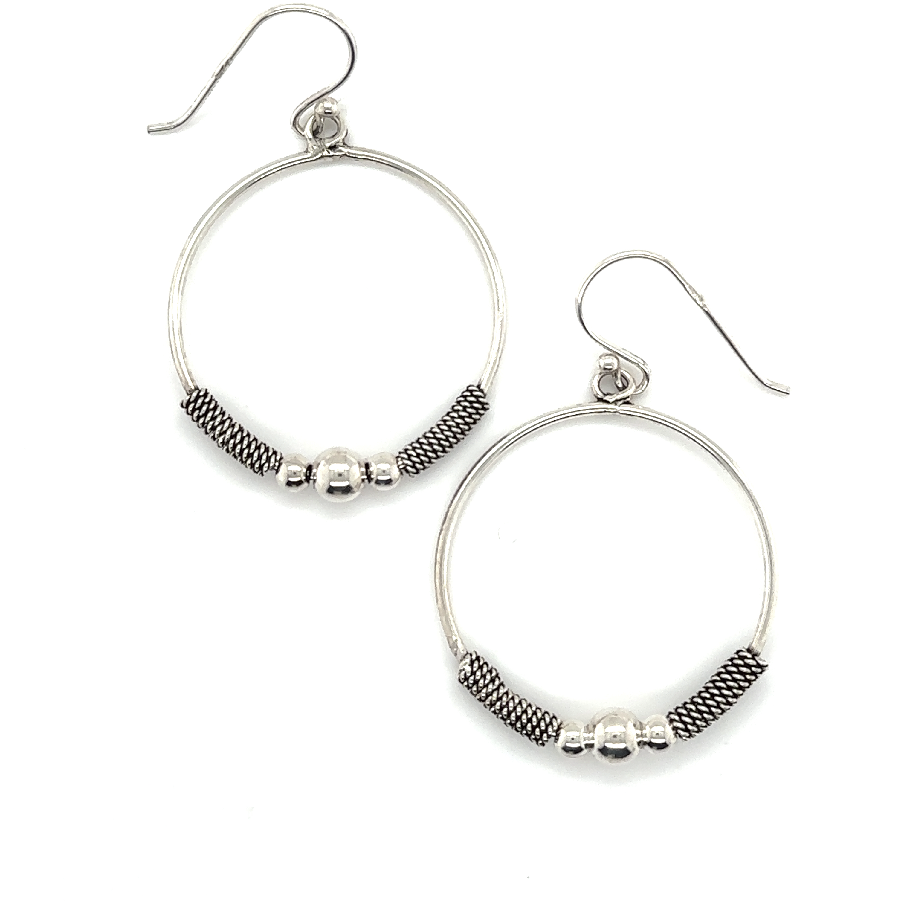 A pair of Super Silver Bali Style Circle Drop Earrings with black beads.