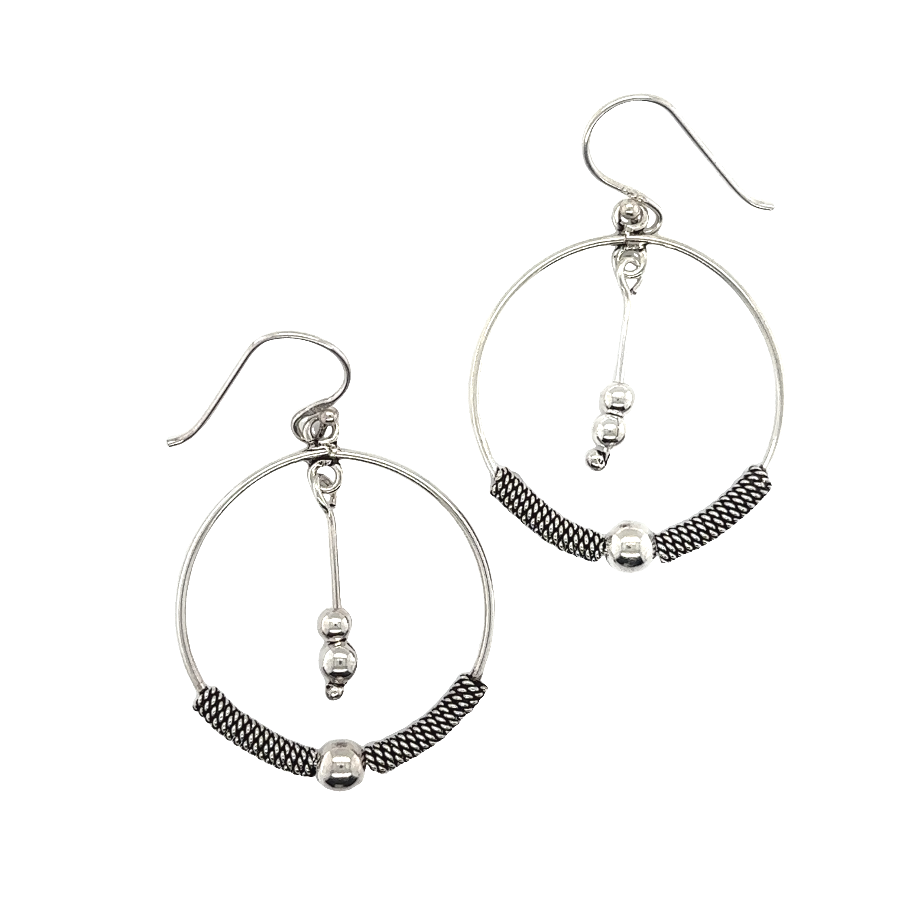 A pair of Super Silver Bali Style Circle Drop Earrings with Tassel.