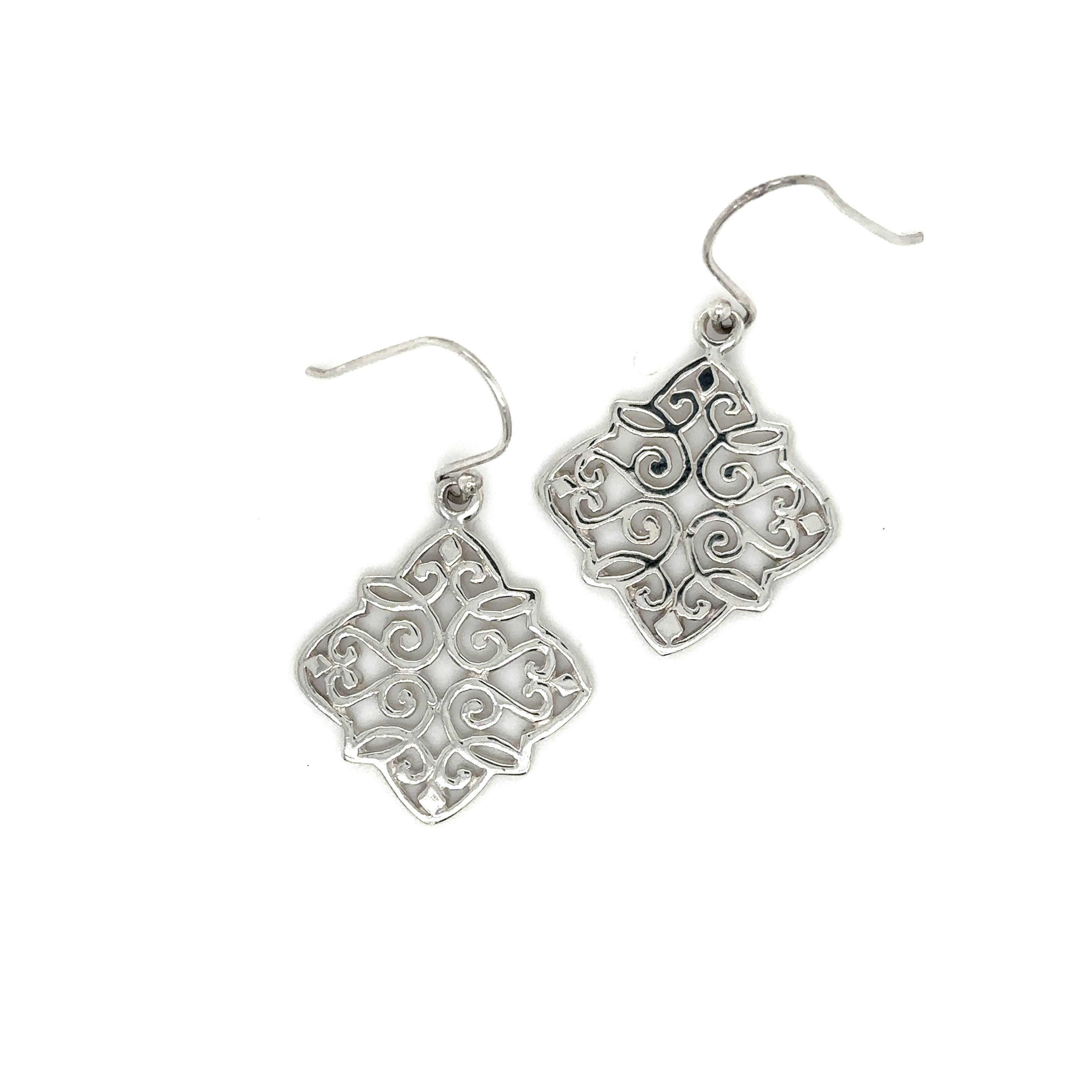 Super Silver's Diamond Shaped Earrings with Swirl Design, made of sterling silver, featuring a delicate filigree design.