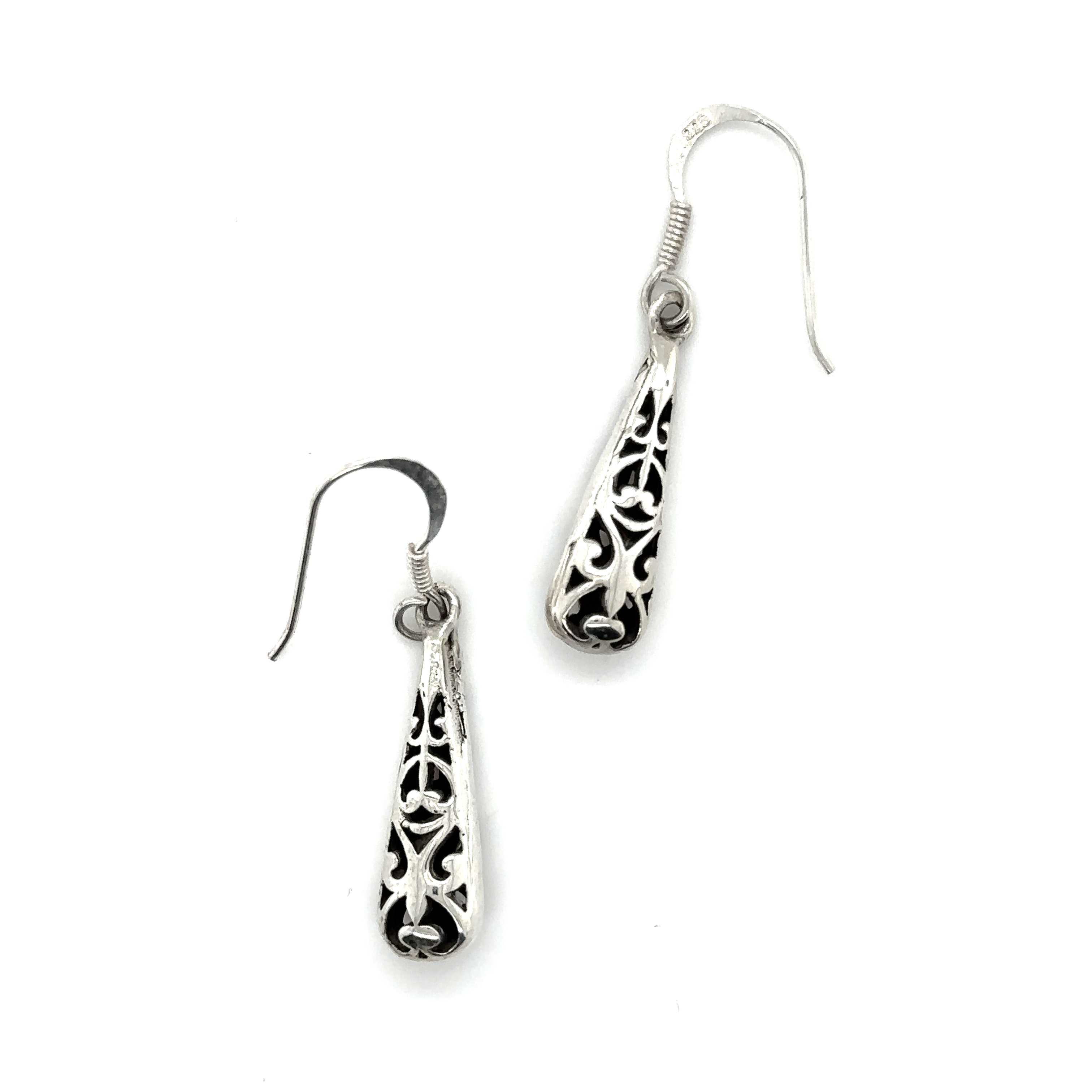 A pair of Super Silver Bali Style Teardrop Earrings with black and white designs.