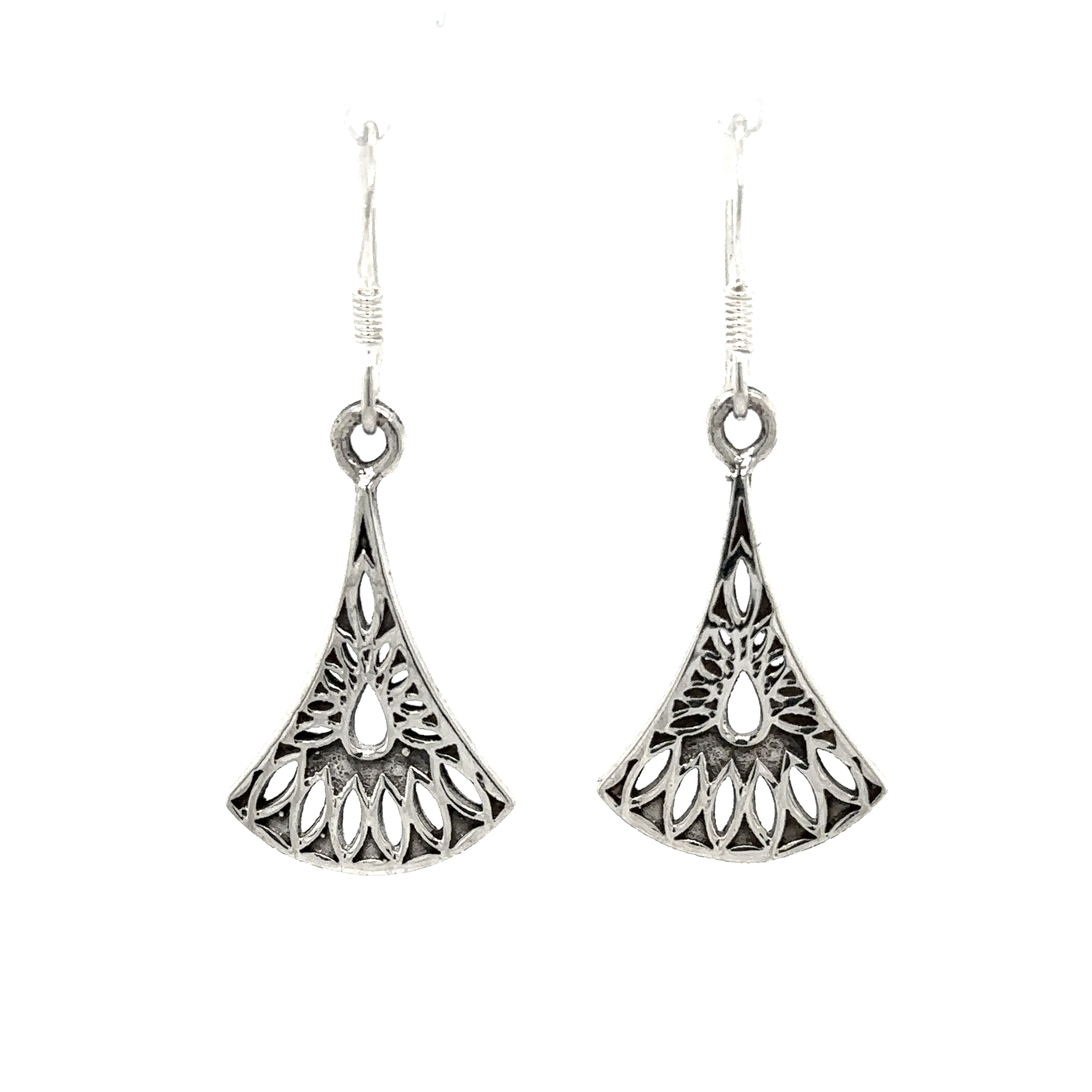 A pair of Super Silver Fan Shaped Earrings with Cutouts, approximate length.