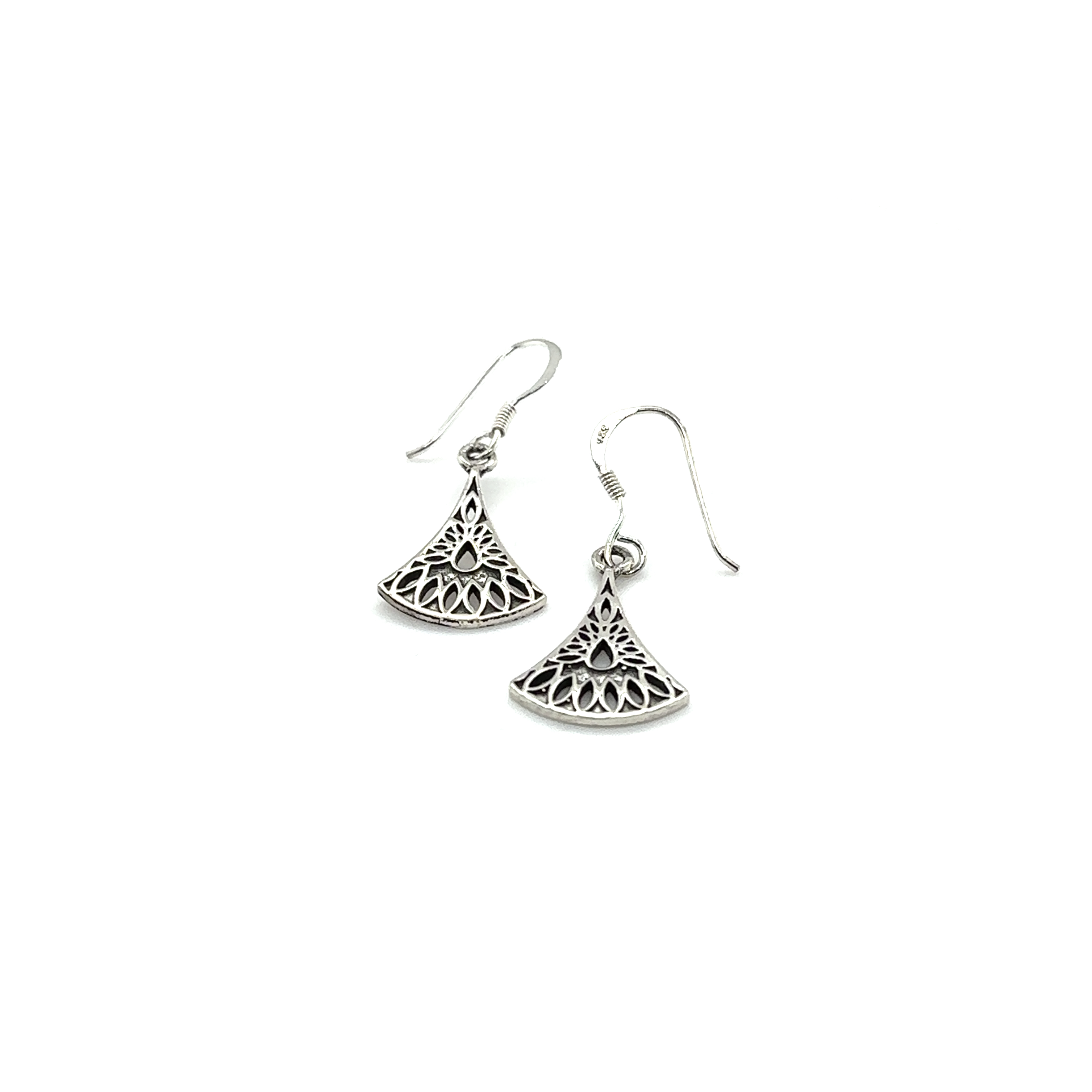 A pair of Super Silver Fan Shaped Earrings with Cutouts, featuring a filigree design.